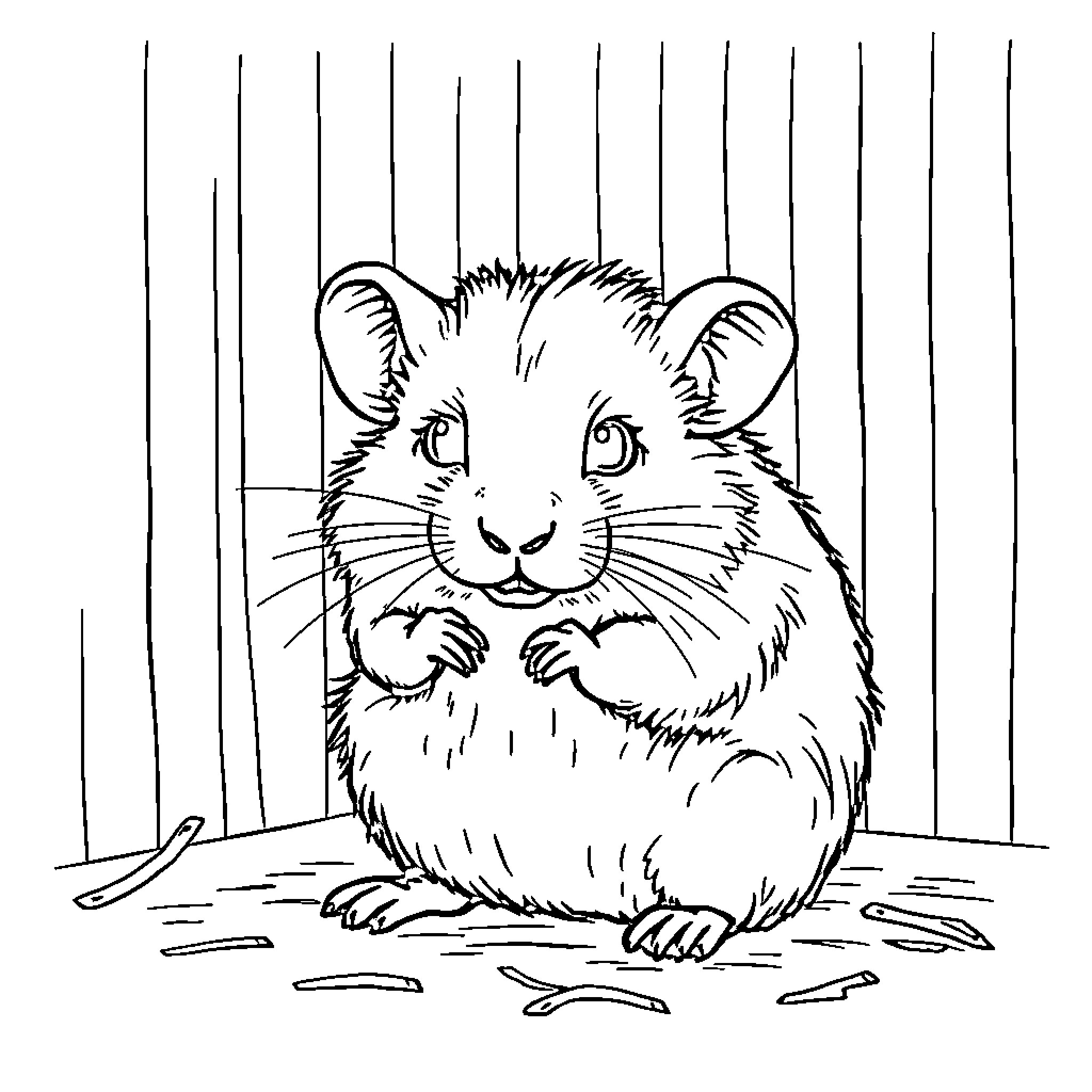 Hamster peering curiously through bars Coloring Page (free black-and-white line drawing printable PDF for all, from beginners to advanced learners, including children, teens, adults, and seniors)