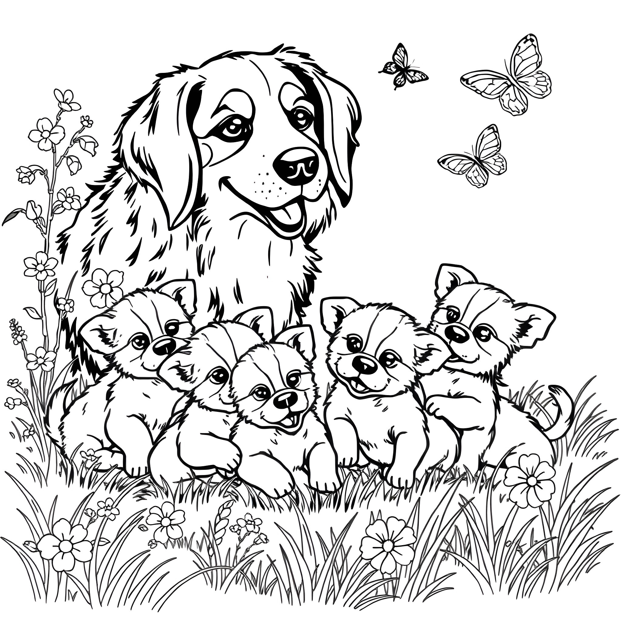 Dog with puppies playing in the meadow Coloring Page (free black-and-white line drawing printable PDF for all, from beginners to advanced learners, including children, teens, adults, and seniors)