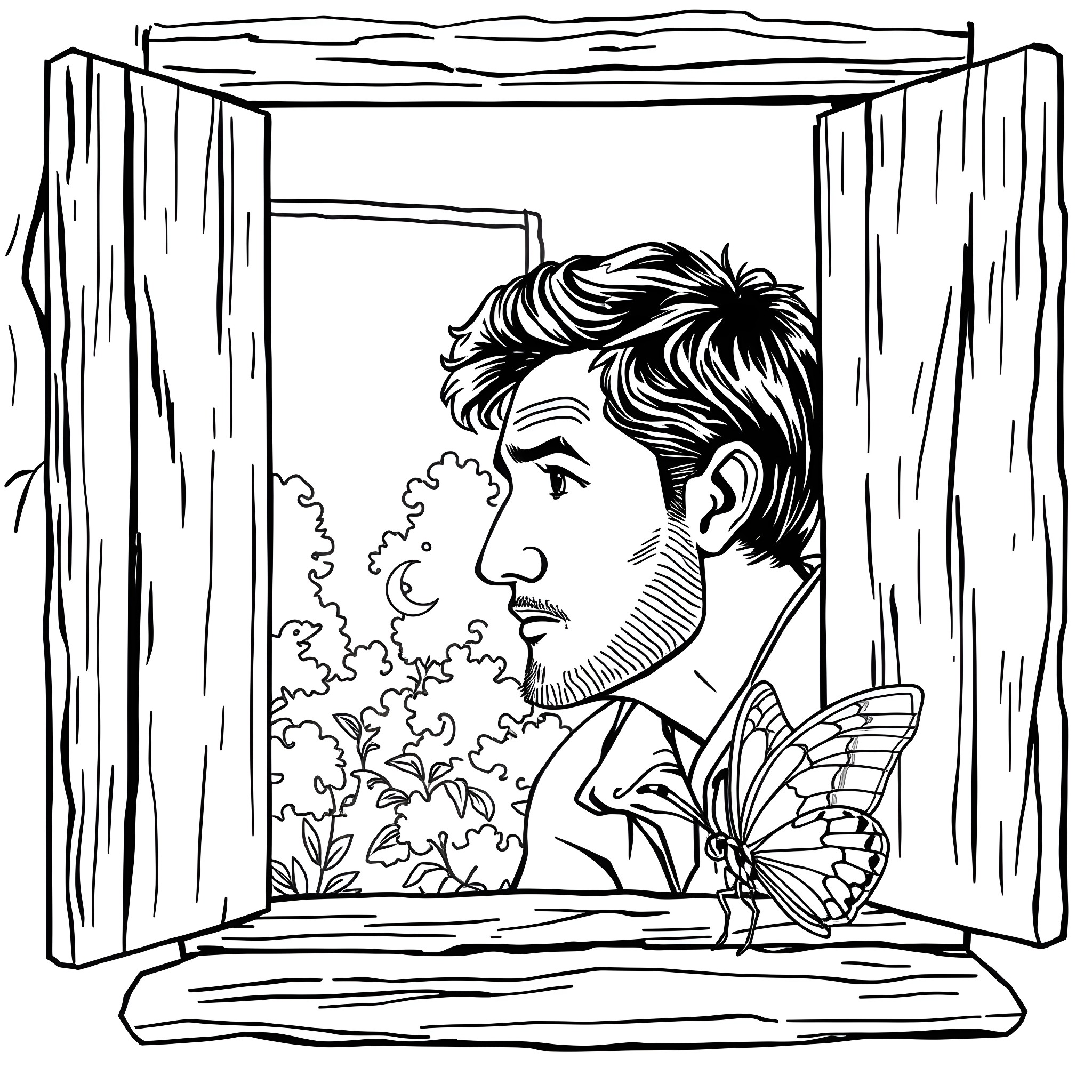 Guy looking out window at butterfly in the garden Coloring Page (free black-and-white line drawing printable PDF for all, from beginners to advanced learners, including children, teens, adults, and seniors)