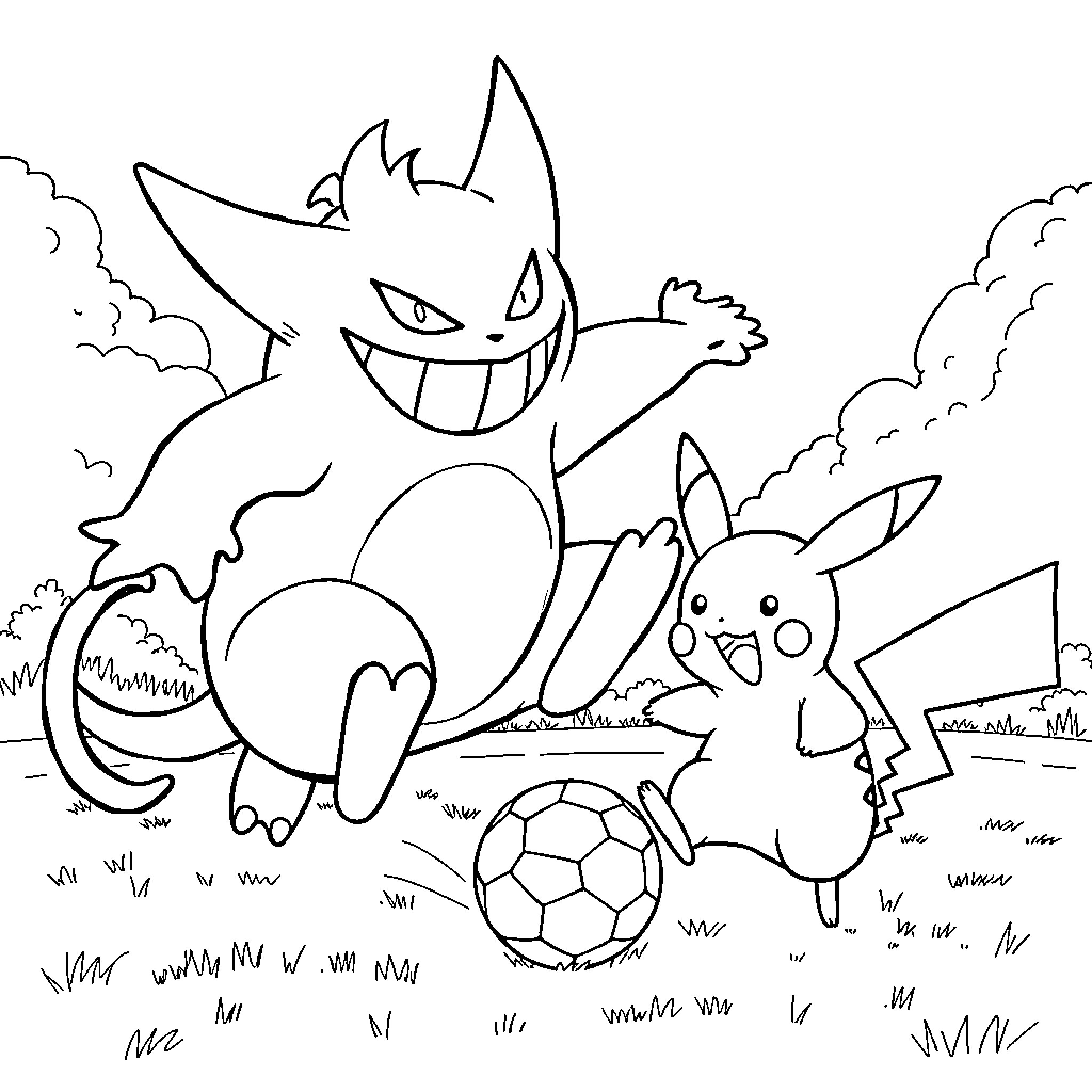Gengar and Pikachu playing soccer in the park Coloring Page (free black-and-white line drawing printable PDF for all, from beginners to advanced learners, including children, teens, adults, and seniors)