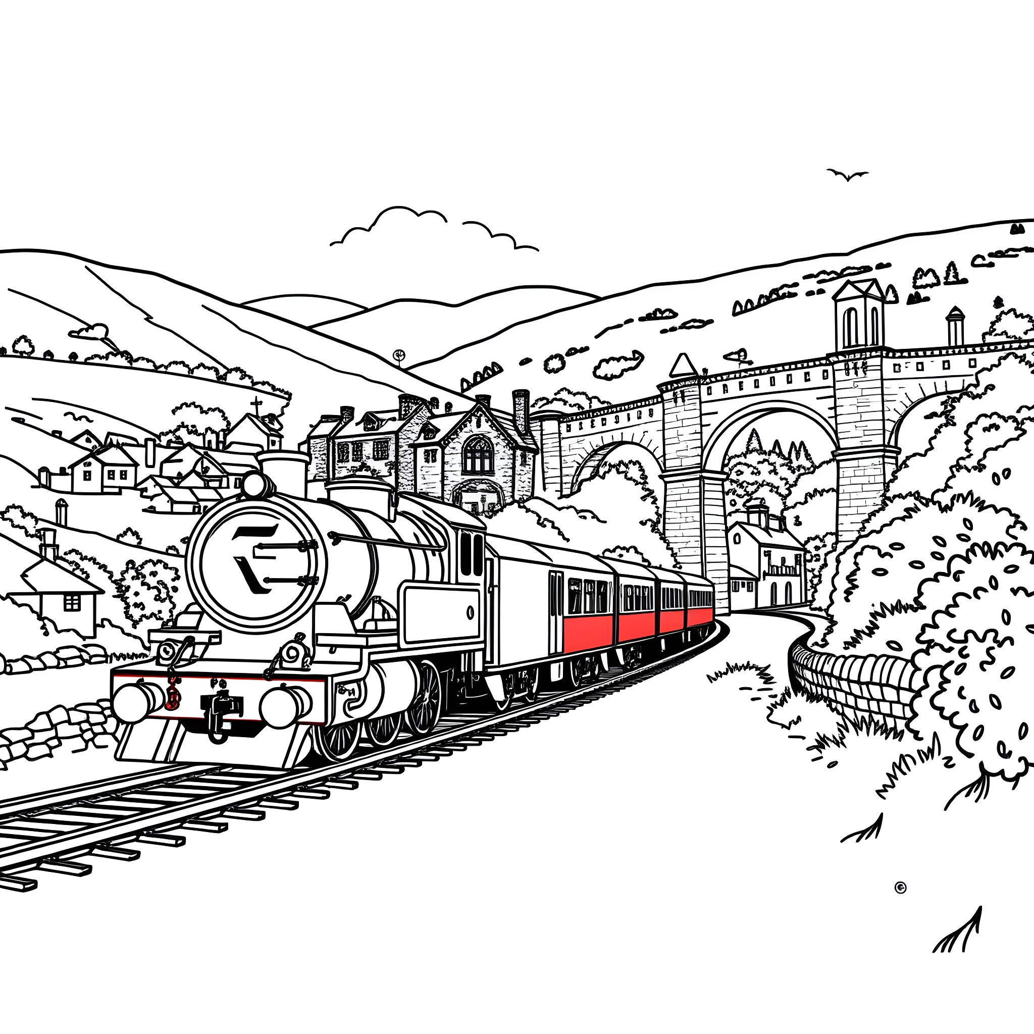 Train transporting passengers through scenic countryside Coloring Page (free black-and-white line drawing printable PDF for all, from beginners to advanced learners, including children, teens, adults, and seniors)