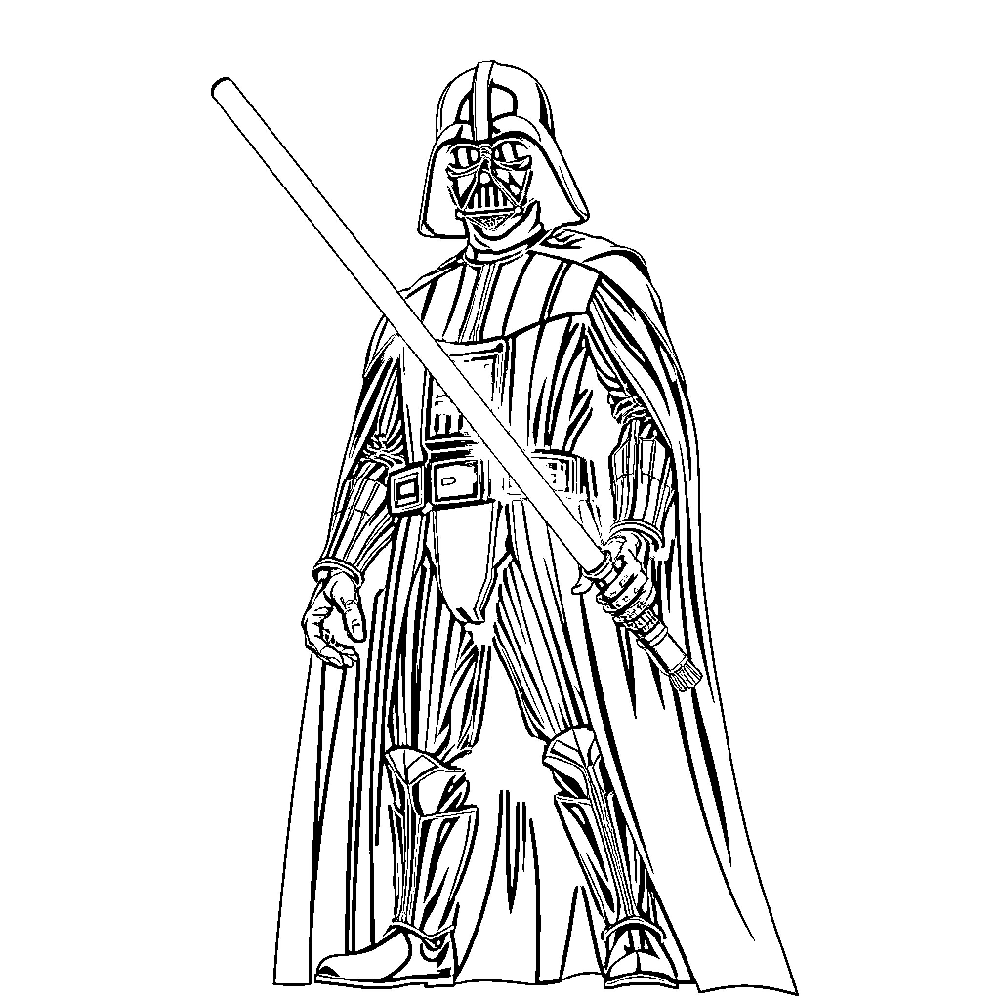 Darth Vader in commanding pose with lightsaber Coloring Page (free black-and-white line drawing printable PDF for all, from beginners to advanced learners, including children, teens, adults, and seniors)