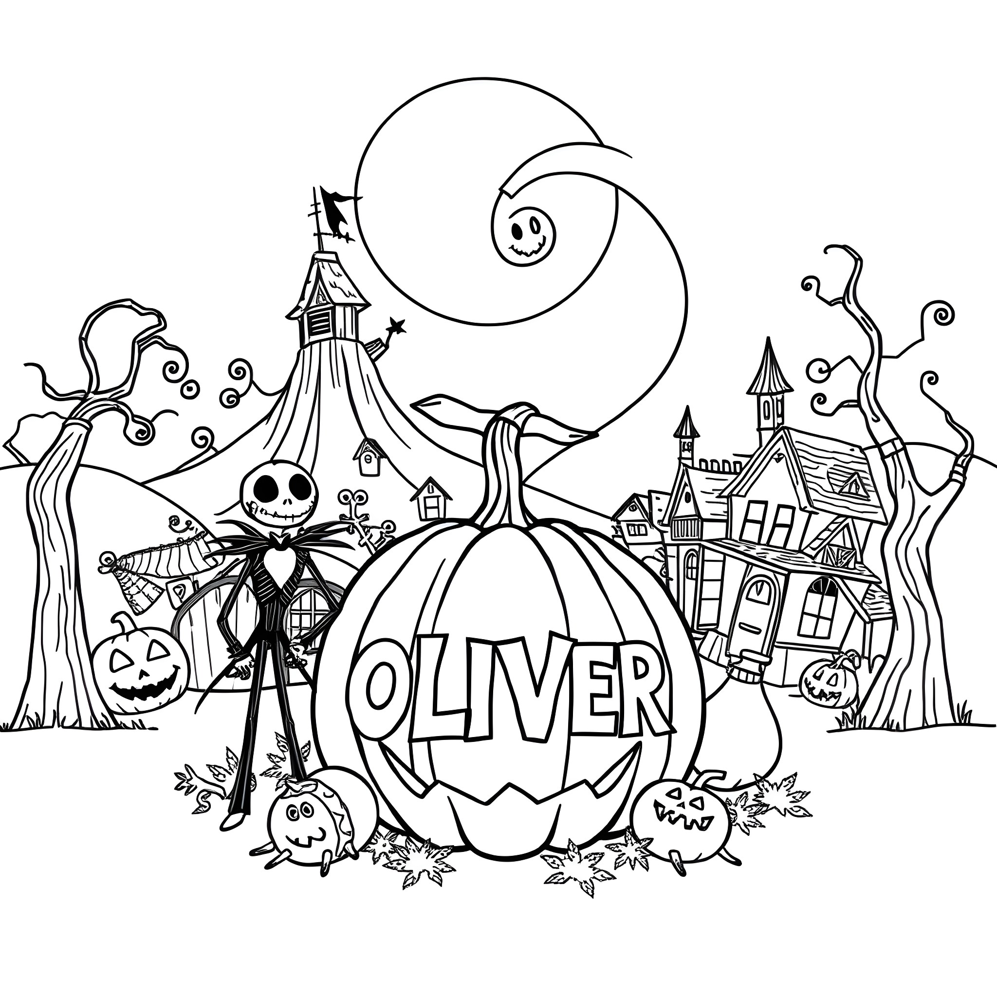 Oliver's Spooky Halloween Adventure Coloring Page (free black-and-white line drawing printable PDF for all, from beginners to advanced learners, including children, teens, adults, and seniors)