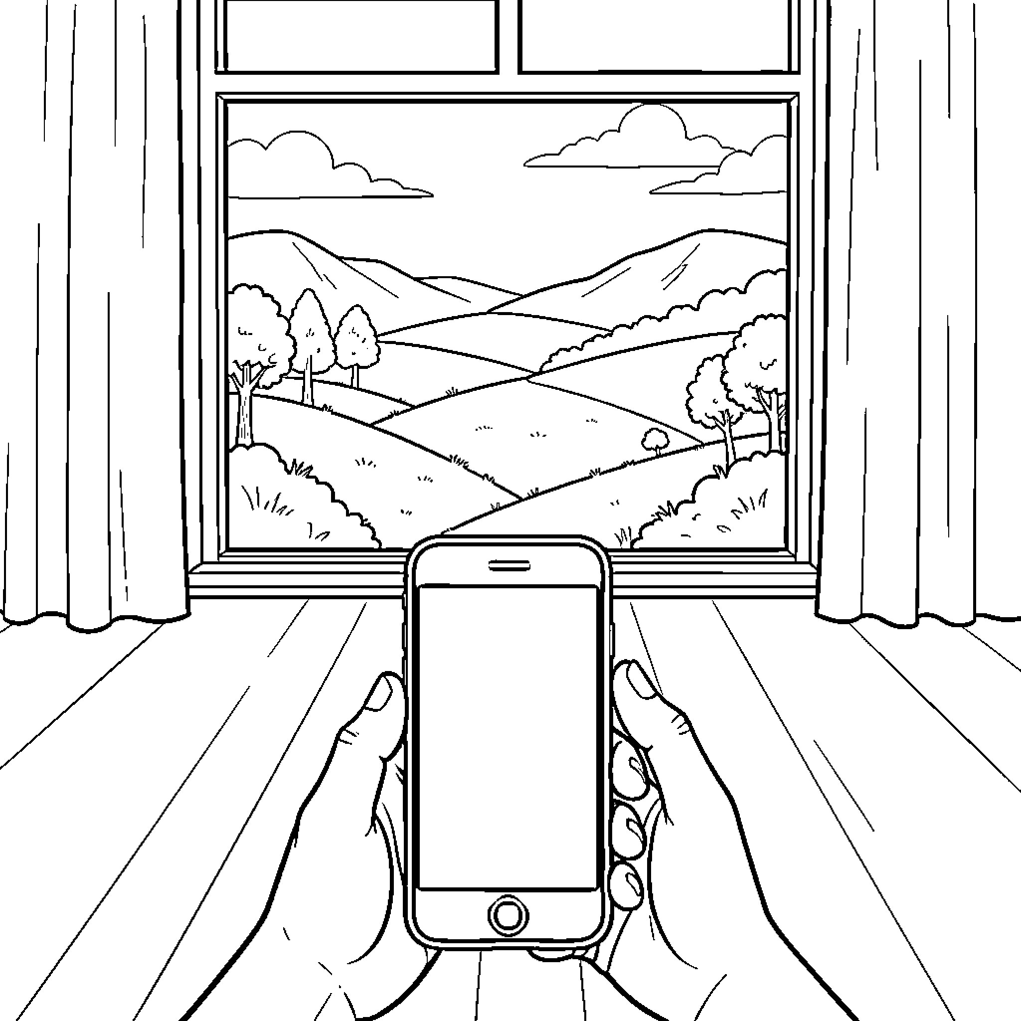 Device held by hands overlooking a scenic landscape Coloring Page (free black-and-white line drawing printable PDF for all, from beginners to advanced learners, including children, teens, adults, and seniors)