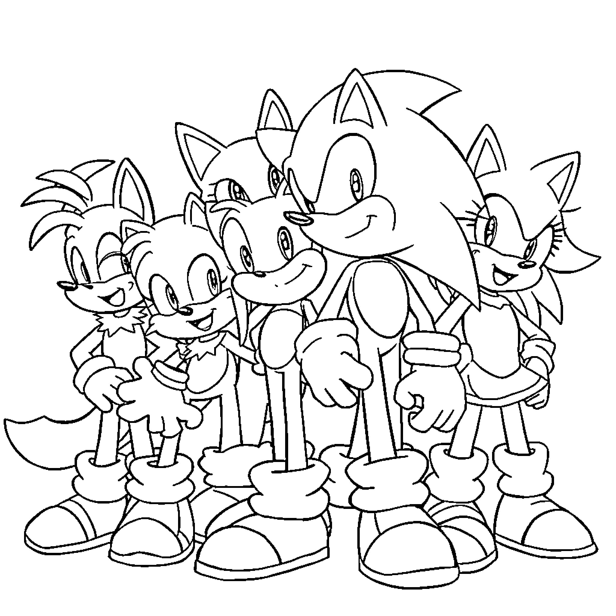 Sonic and Friends Gathering Together Coloring Page (free black-and-white line drawing printable PDF for all, from beginners to advanced learners, including children, teens, adults, and seniors)