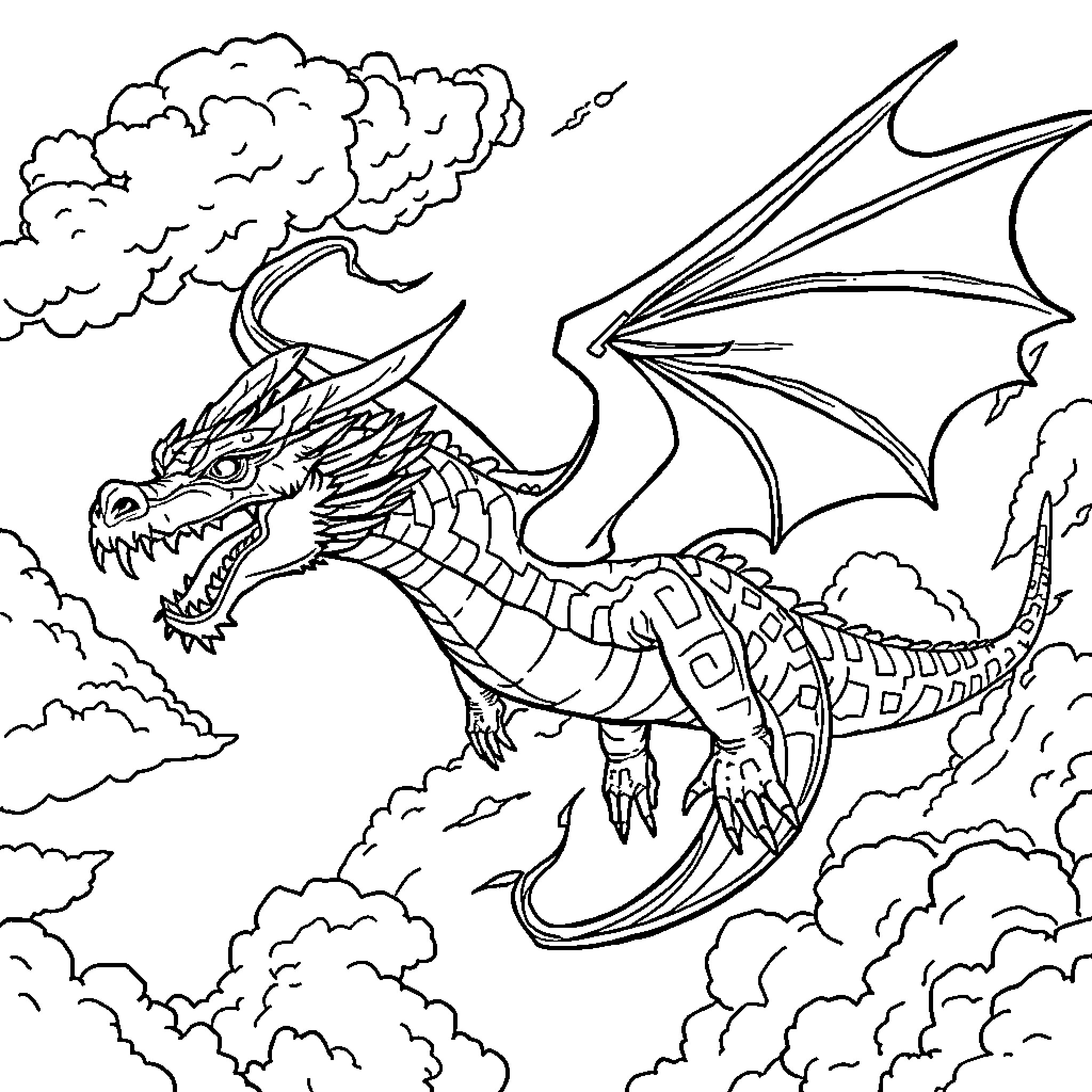 Dragon soaring through the clouds with fierce expression Coloring Page (free black-and-white line drawing printable PDF for all, from beginners to advanced learners, including children, teens, adults, and seniors)