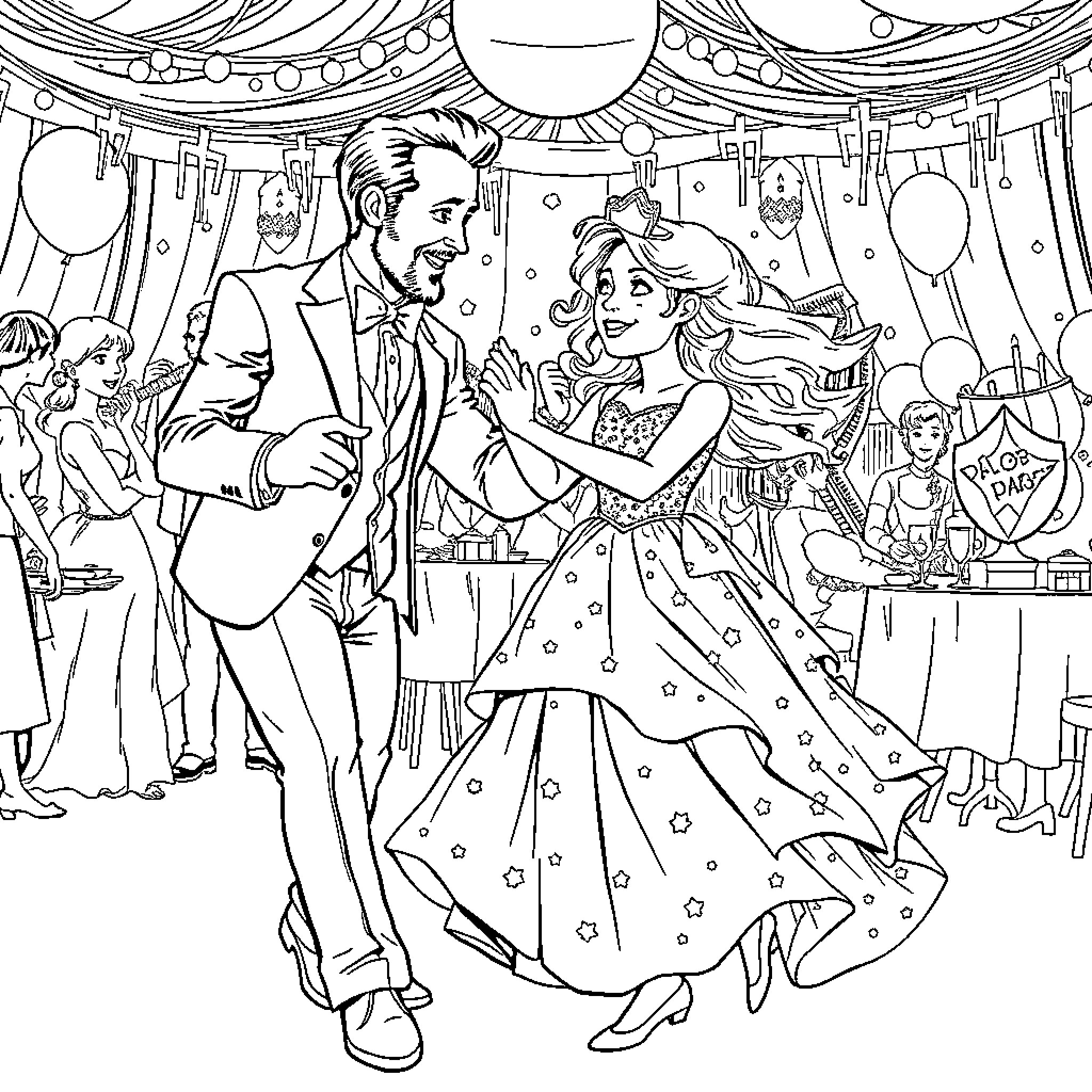 Chris Evans and Woman Dancing at Formal Event Coloring Page (free black-and-white line drawing printable PDF for all, from beginners to advanced learners, including children, teens, adults, and seniors)
