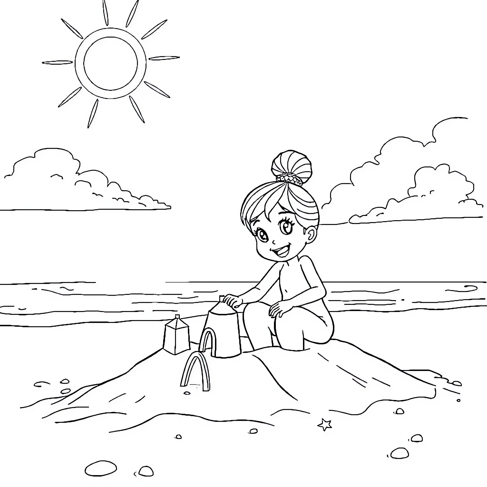 Gabby's Sunny Beach Adventure Coloring Page (free black-and-white line drawing printable PDF for all, from beginners to advanced learners, including children, teens, adults, and seniors)