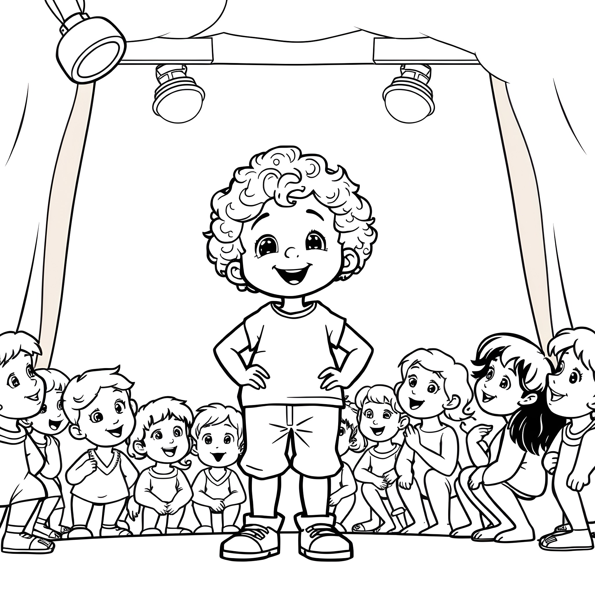 Child having fun with friends at a performance Coloring Page (free black-and-white line drawing printable PDF for all, from beginners to advanced learners, including children, teens, adults, and seniors)