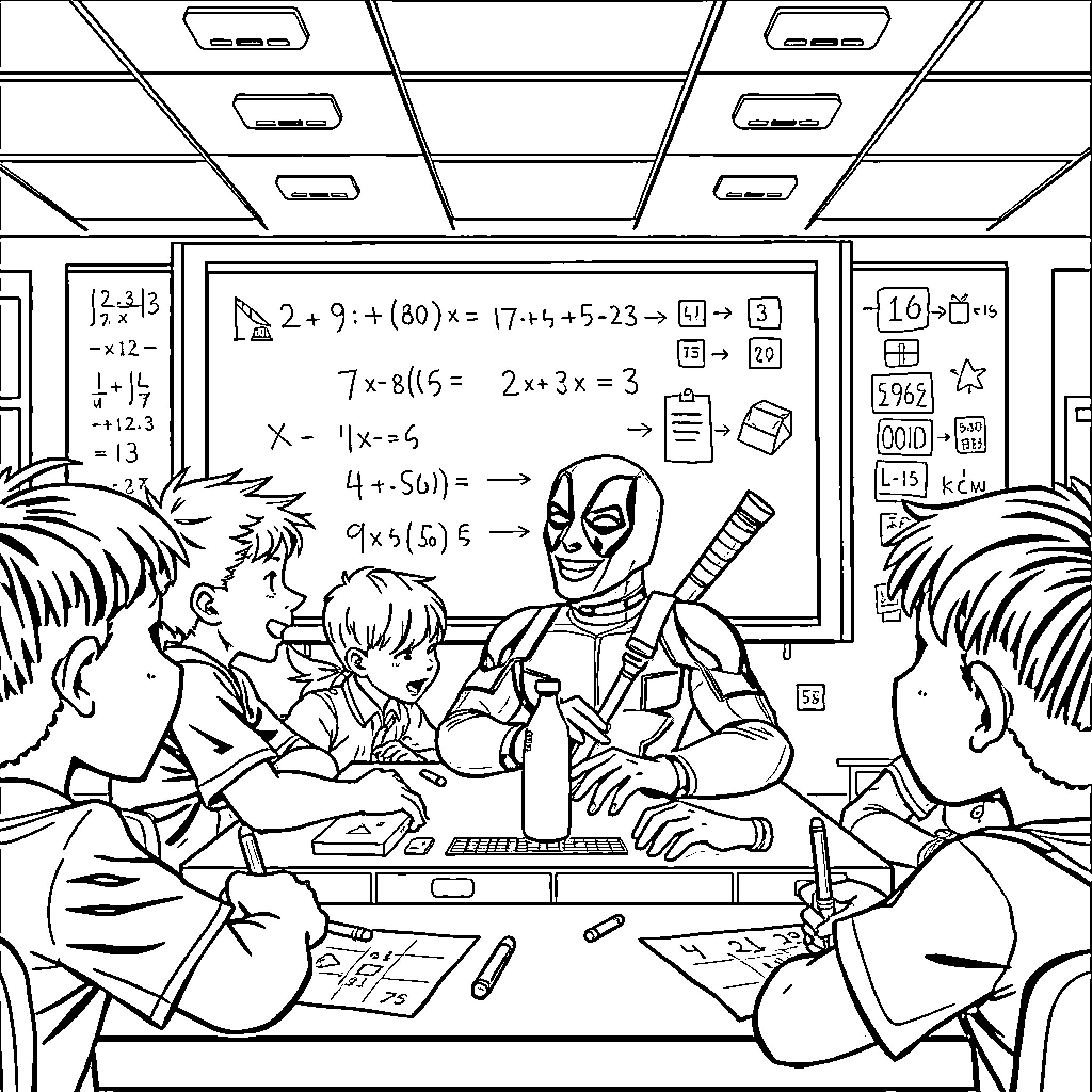 Deadpool Teaching Math in Classroom Coloring Page (free black-and-white line drawing printable PDF for all, from beginners to advanced learners, including children, teens, adults, and seniors)