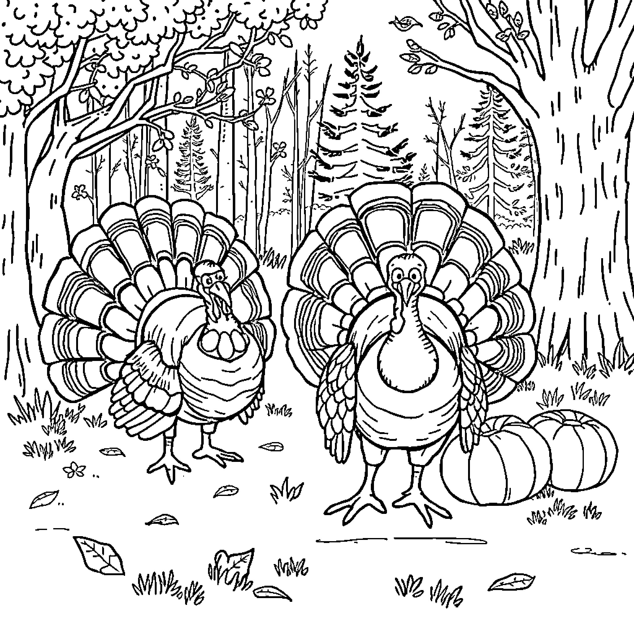 Turkey wandering through the forest Coloring Page (free black-and-white line drawing printable PDF for all, from beginners to advanced learners, including children, teens, adults, and seniors)
