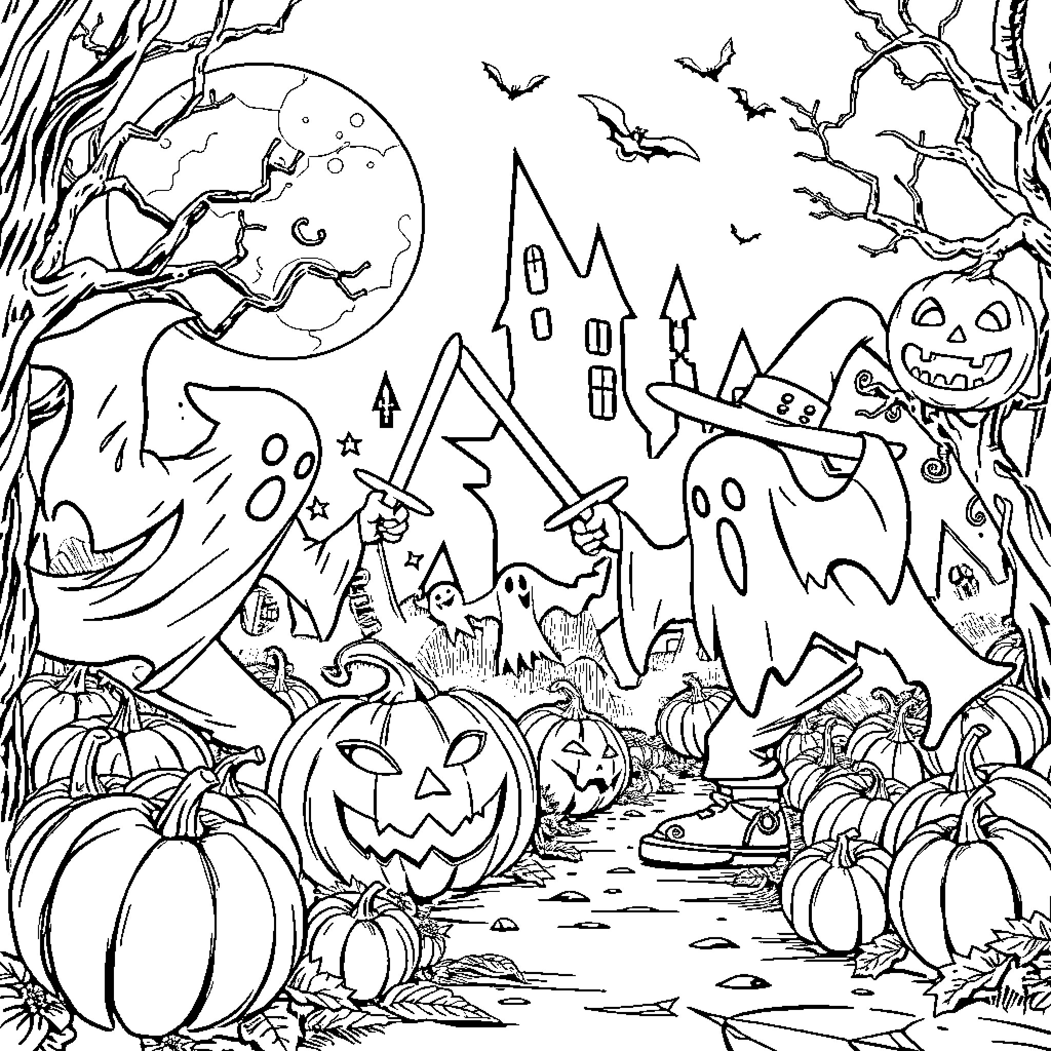 Battle Simulator: Supernatural Creatures in Haunted Landscape Coloring Page (free black-and-white line drawing printable PDF for all, from beginners to advanced learners, including children, teens, adults, and seniors)