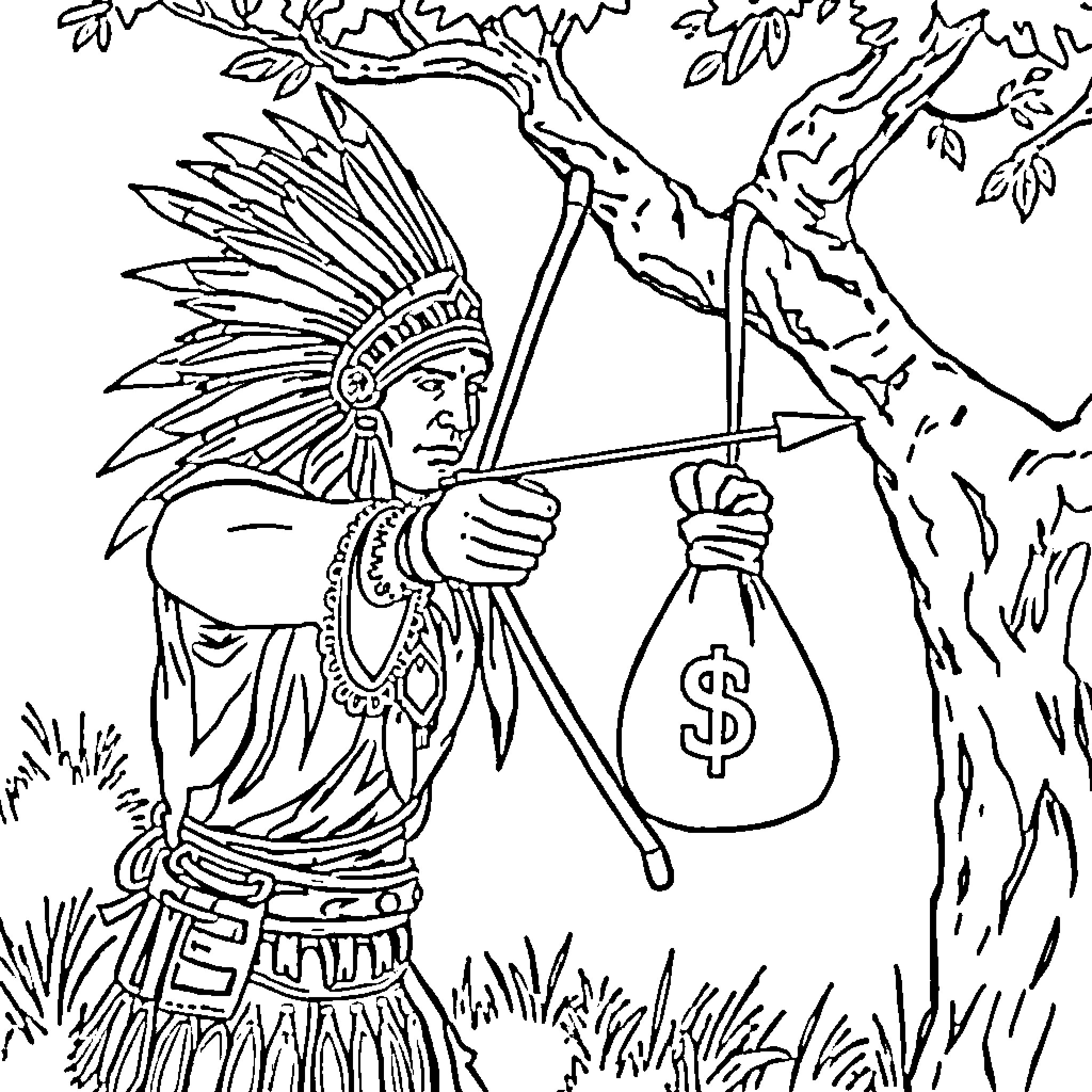 Indian Chief hunting for money in the wilderness Coloring Page (free black-and-white line drawing printable PDF for all, from beginners to advanced learners, including children, teens, adults, and seniors)