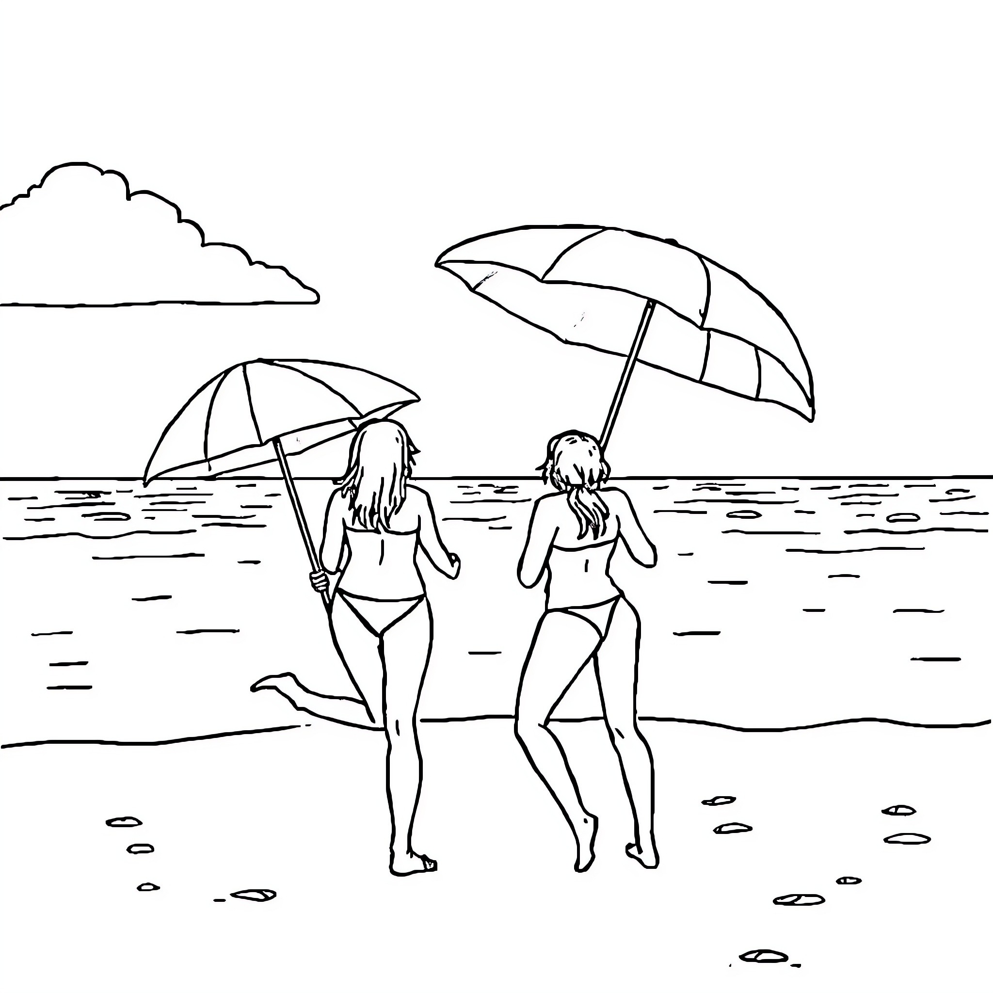 Hojuelas: Friends enjoying beach day under umbrellas Coloring Page (free black-and-white line drawing printable PDF for all, from beginners to advanced learners, including children, teens, adults, and seniors)