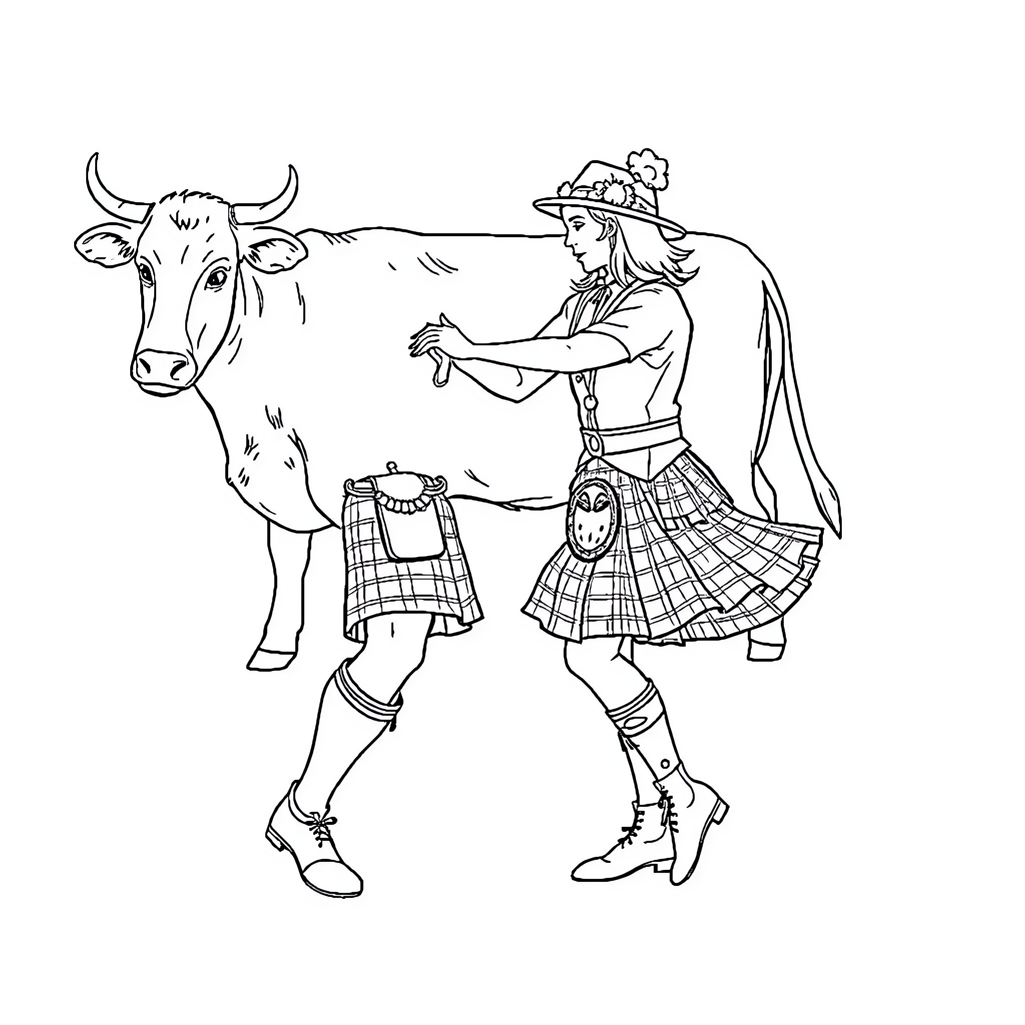 Dancer with traditional Scottish attire interacting with cow Coloring Page (free black-and-white line drawing printable PDF for all, from beginners to advanced learners, including children, teens, adults, and seniors)