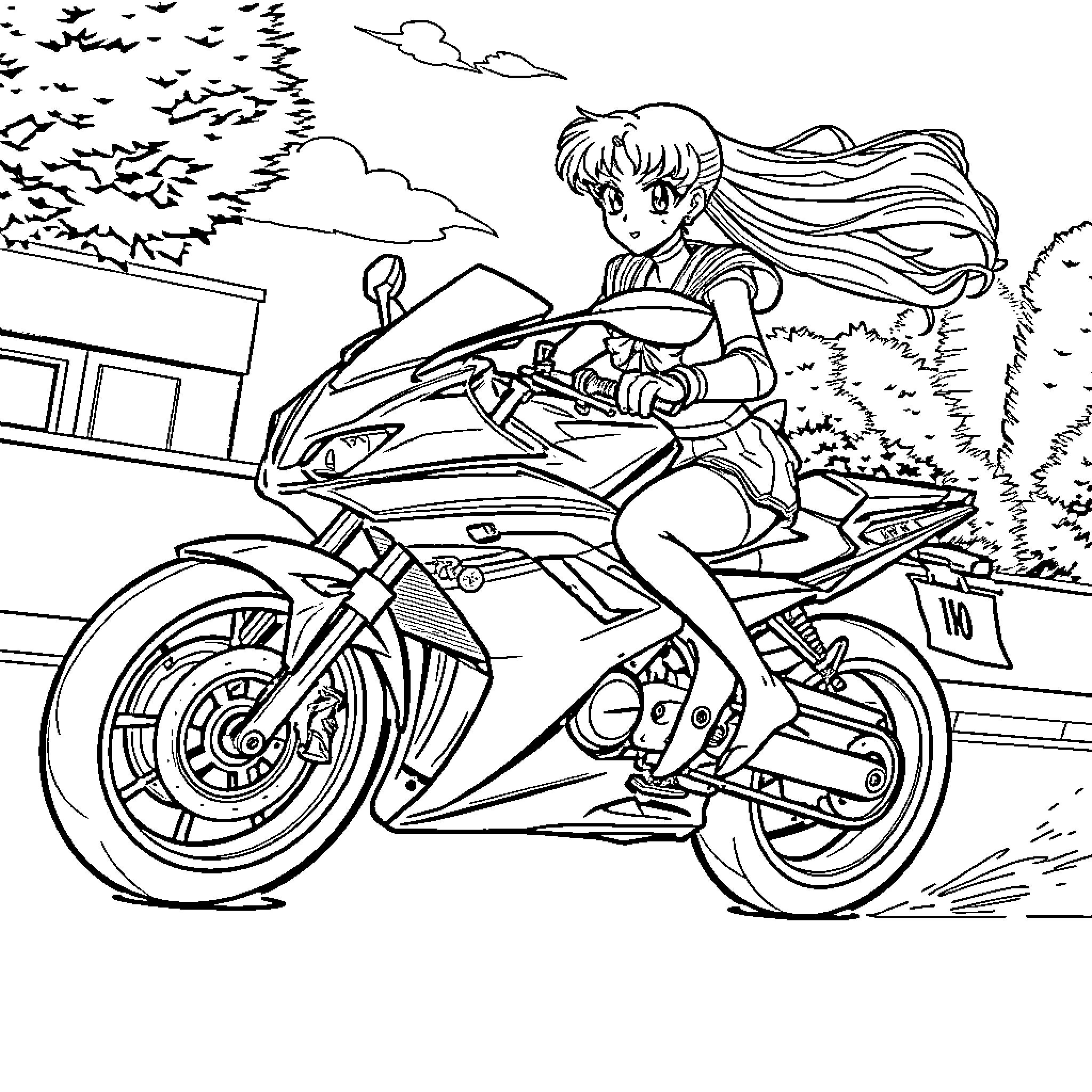 Sailor Moon racing on a motorcycle through the city Coloring Page (free black-and-white line drawing printable PDF for all, from beginners to advanced learners, including children, teens, adults, and seniors)
