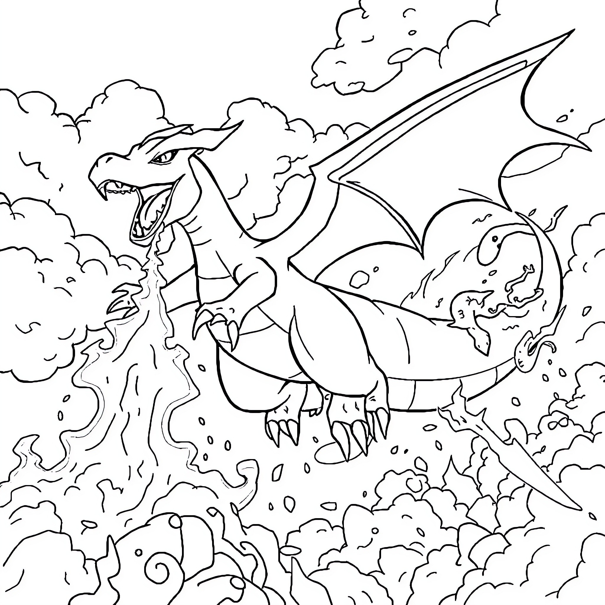 Charizard unleashing powerful flames in the sky Coloring Page (free black-and-white line drawing printable PDF for all, from beginners to advanced learners, including children, teens, adults, and seniors)