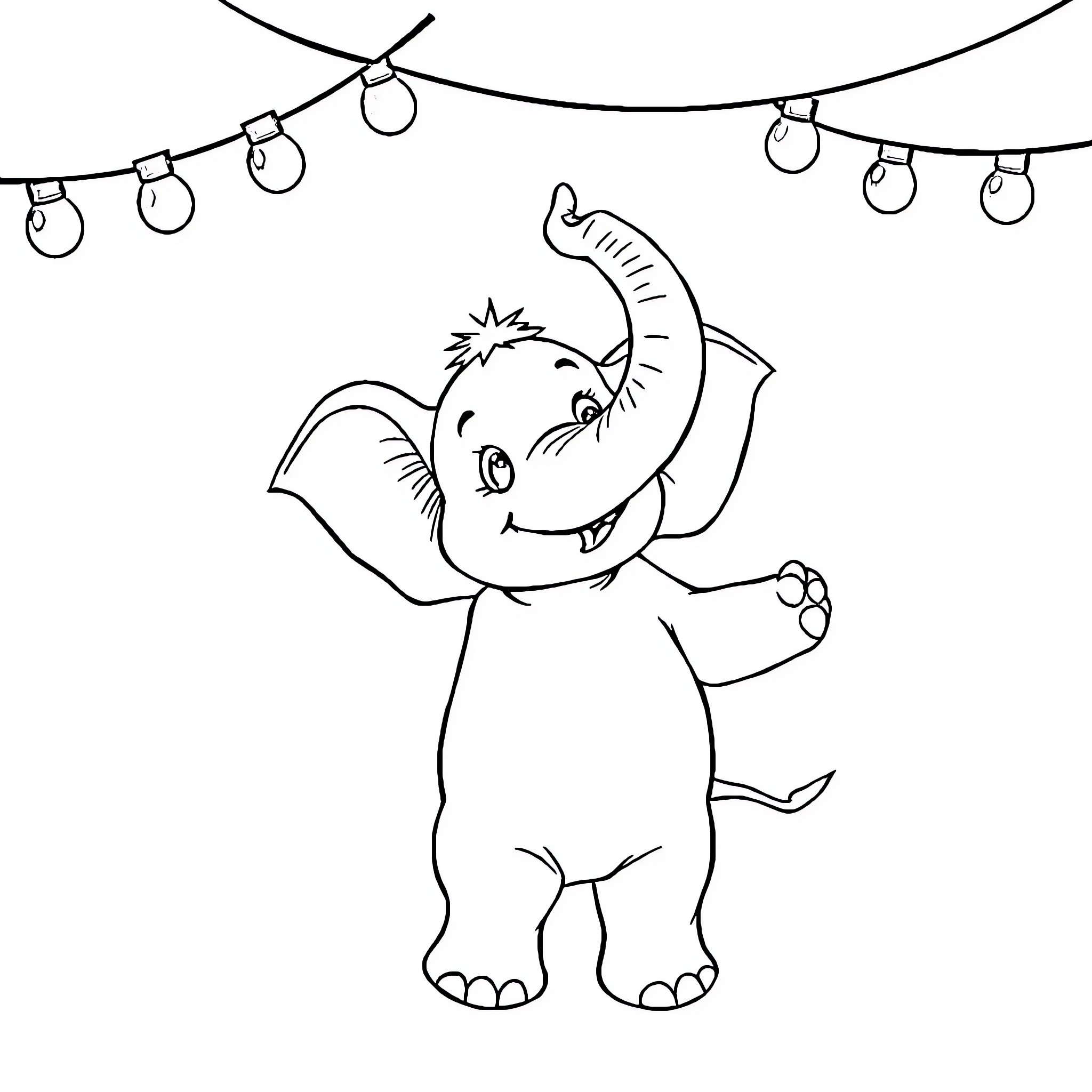 Elephant playing joyfully under fairy lights Coloring Page (free black-and-white line drawing printable PDF for all, from beginners to advanced learners, including children, teens, adults, and seniors)