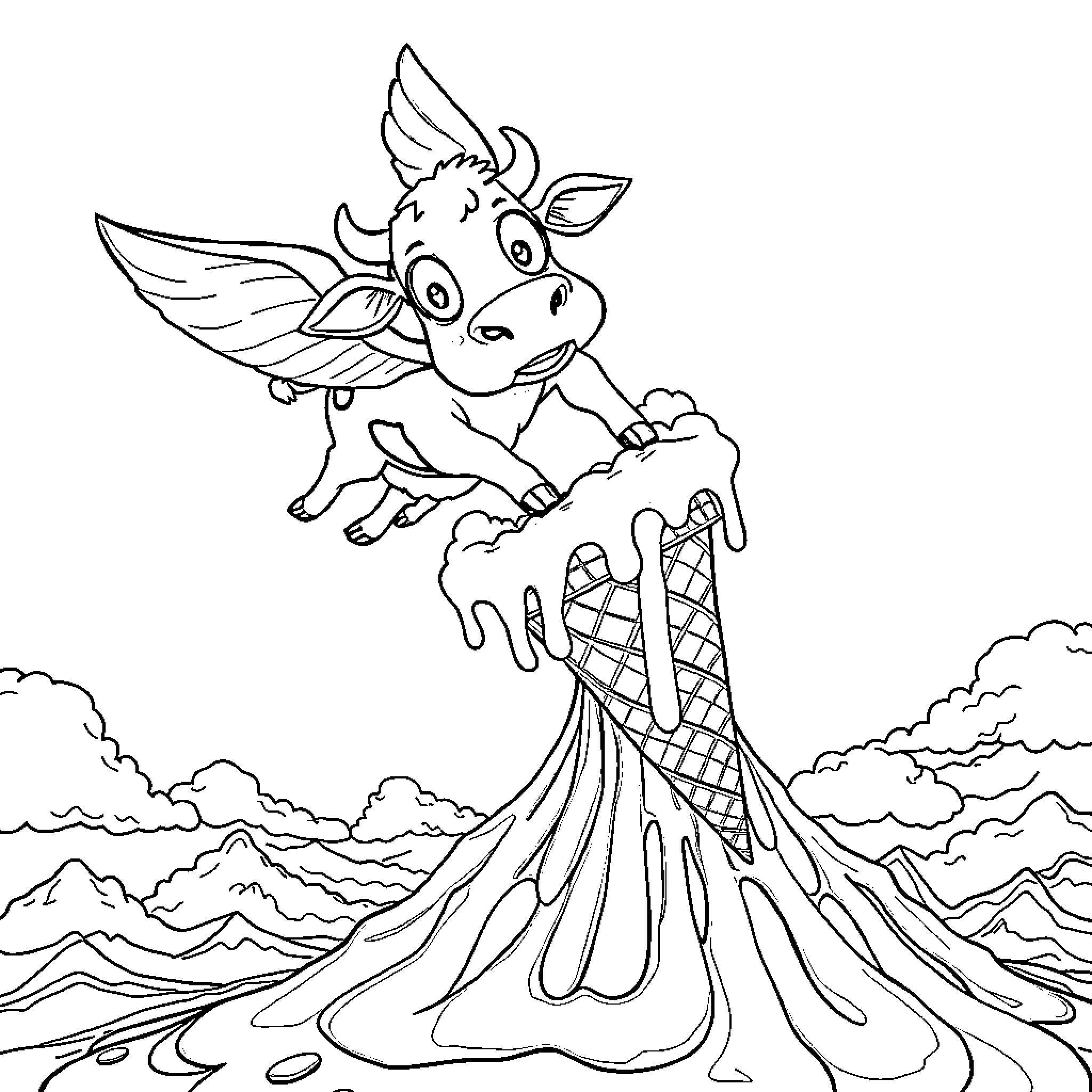 Cow flying with ice cream over erupting volcano Coloring Page (free black-and-white line drawing printable PDF for all, from beginners to advanced learners, including children, teens, adults, and seniors)