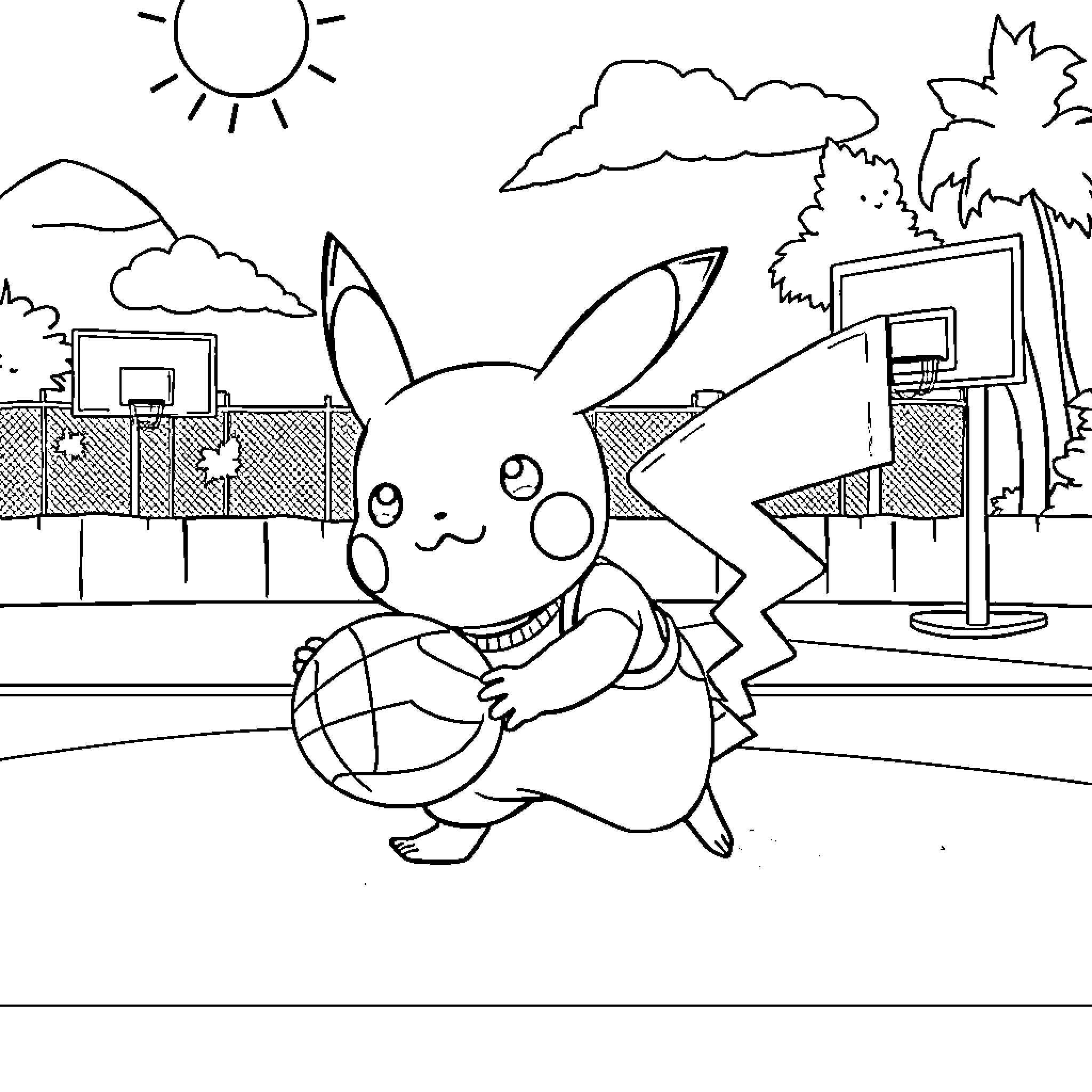 Pikachu playing basketball outdoors on a sunny day Coloring Page (free black-and-white line drawing printable PDF for all, from beginners to advanced learners, including children, teens, adults, and seniors)