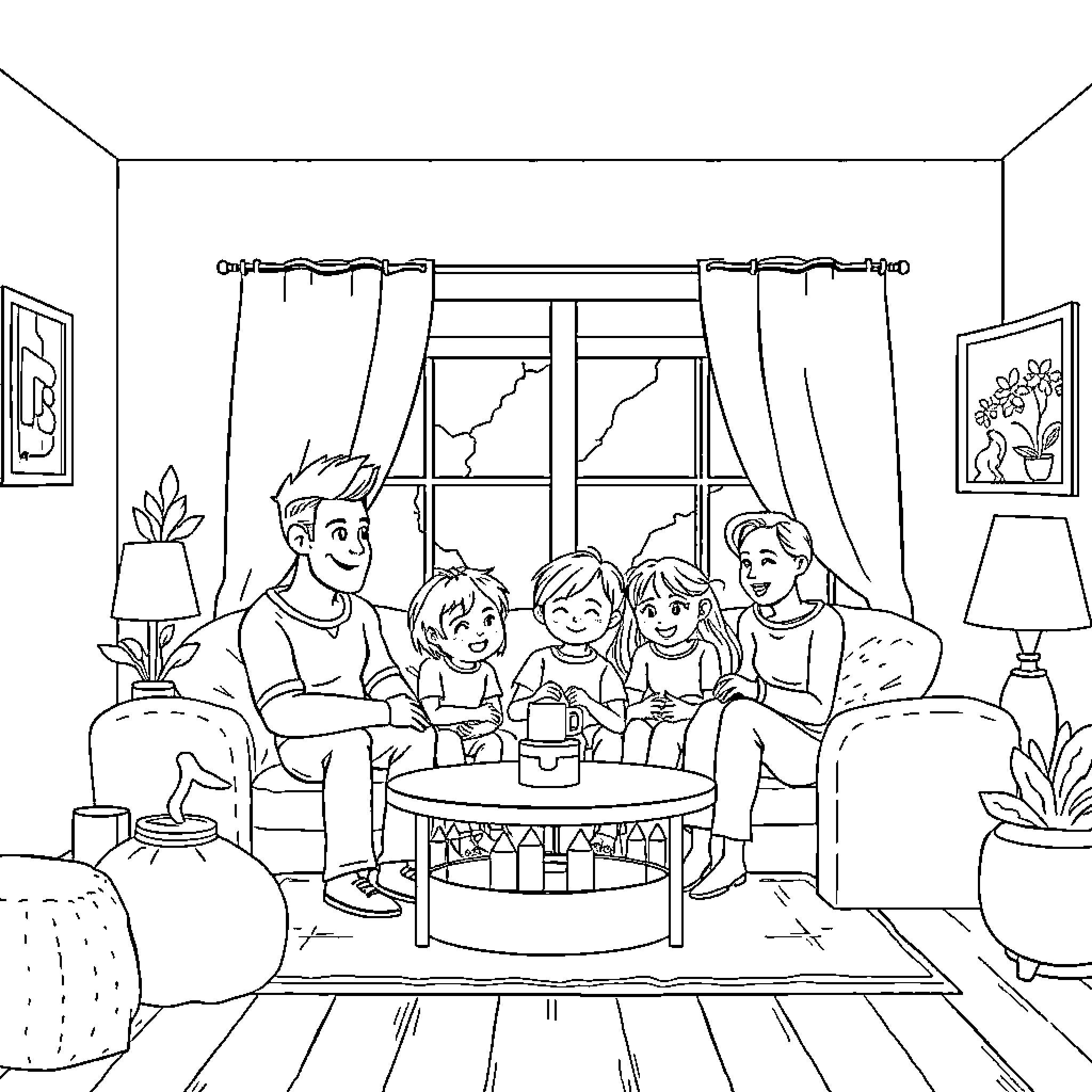 Family enjoying cozy indoor time together Coloring Page (free black-and-white line drawing printable PDF for all, from beginners to advanced learners, including children, teens, adults, and seniors)