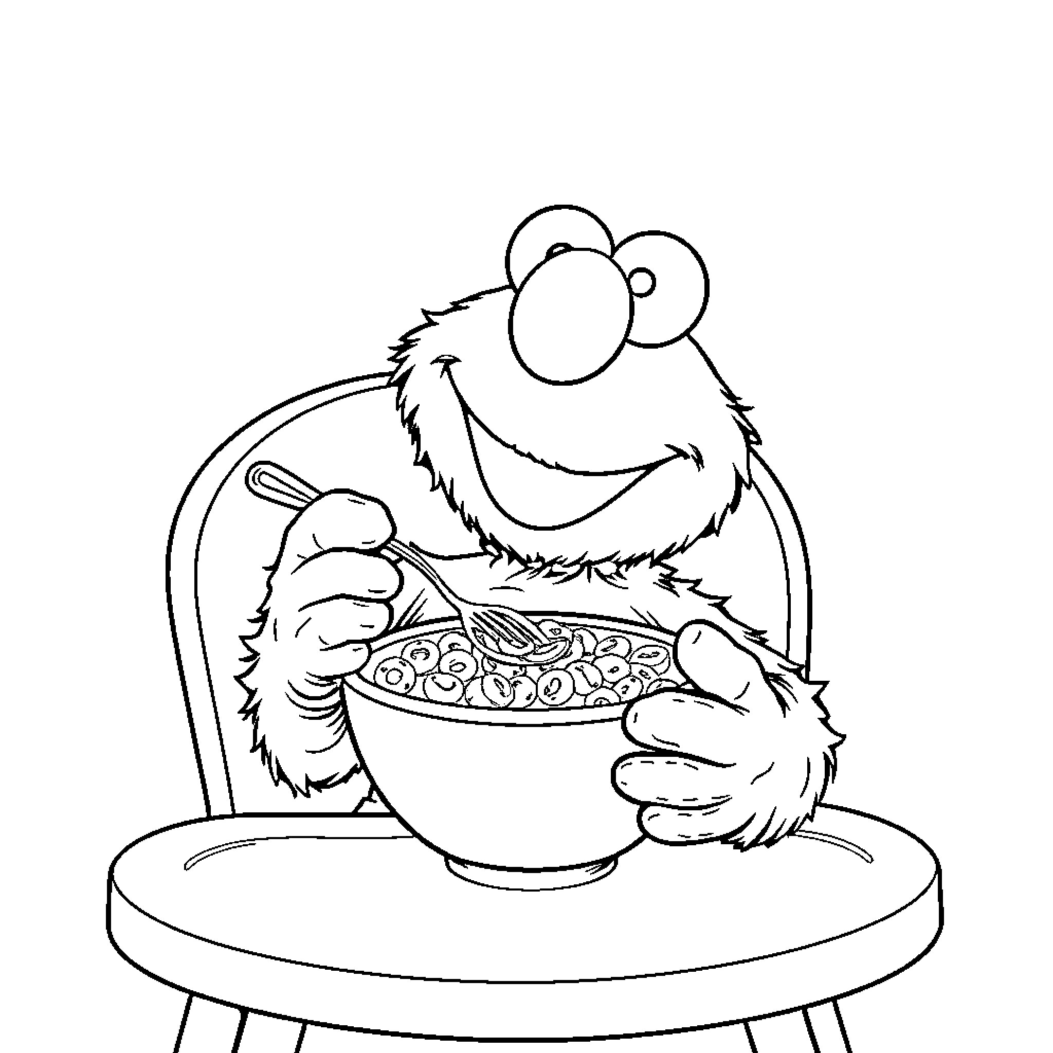 Elmo enjoying a hearty meal Coloring Page (free black-and-white line drawing printable PDF for all, from beginners to advanced learners, including children, teens, adults, and seniors)
