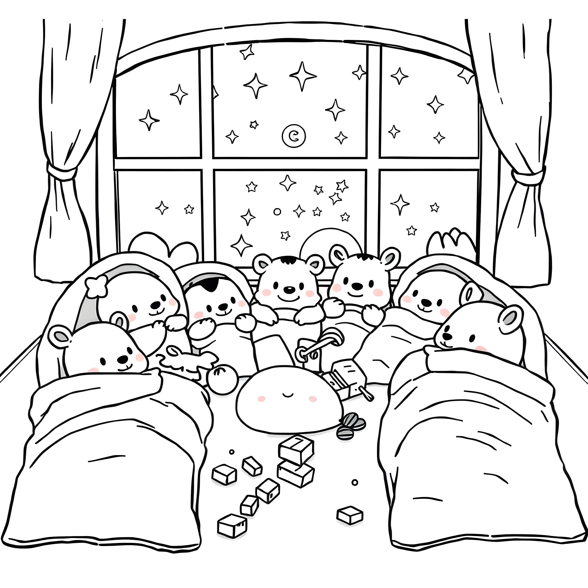 Animal family sleepover party in the bedroom Coloring Page (free black-and-white line drawing printable PDF for all, from beginners to advanced learners, including children, teens, adults, and seniors)