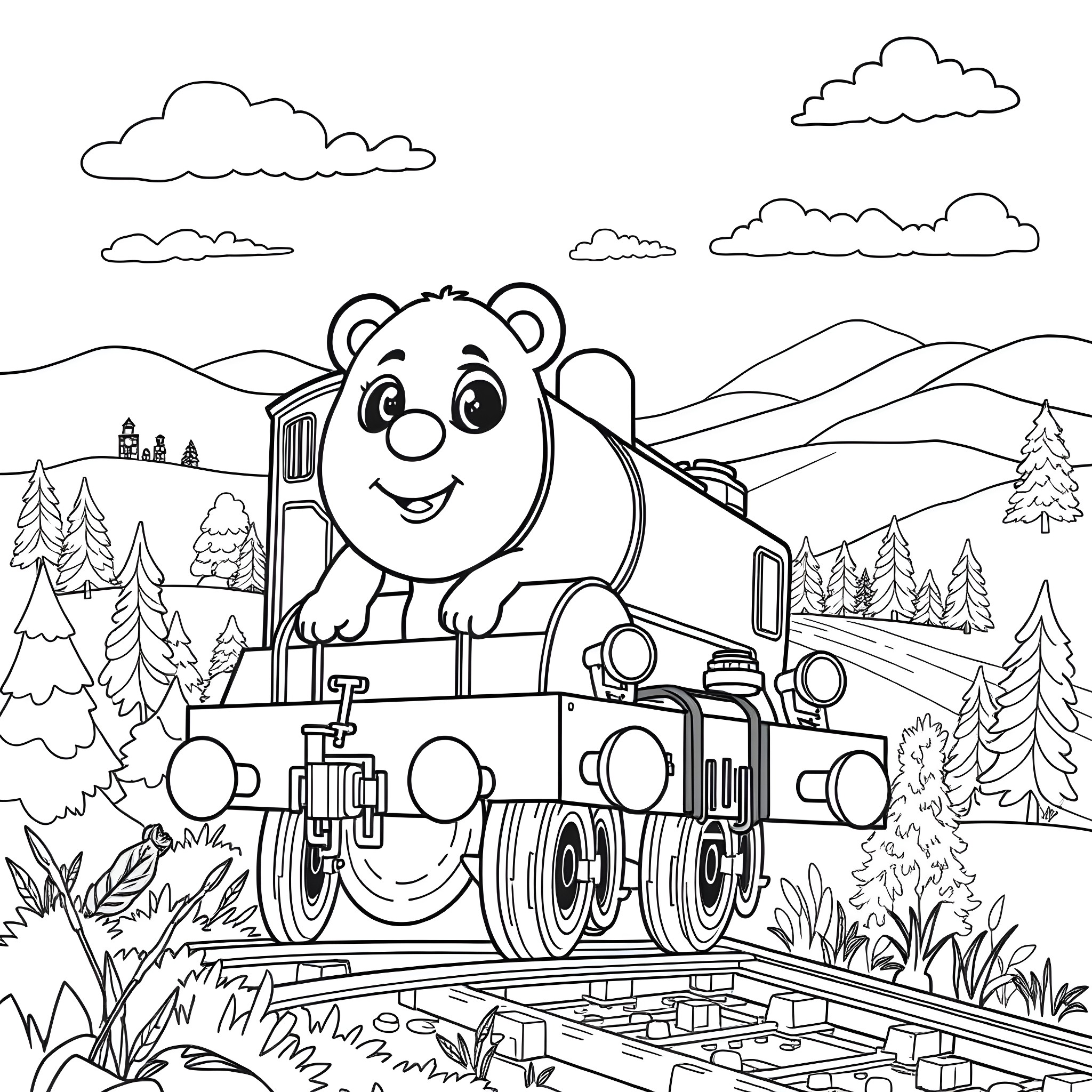 Panda locomotive chugging through the mountains Coloring Page (free black-and-white line drawing printable PDF for all, from beginners to advanced learners, including children, teens, adults, and seniors)