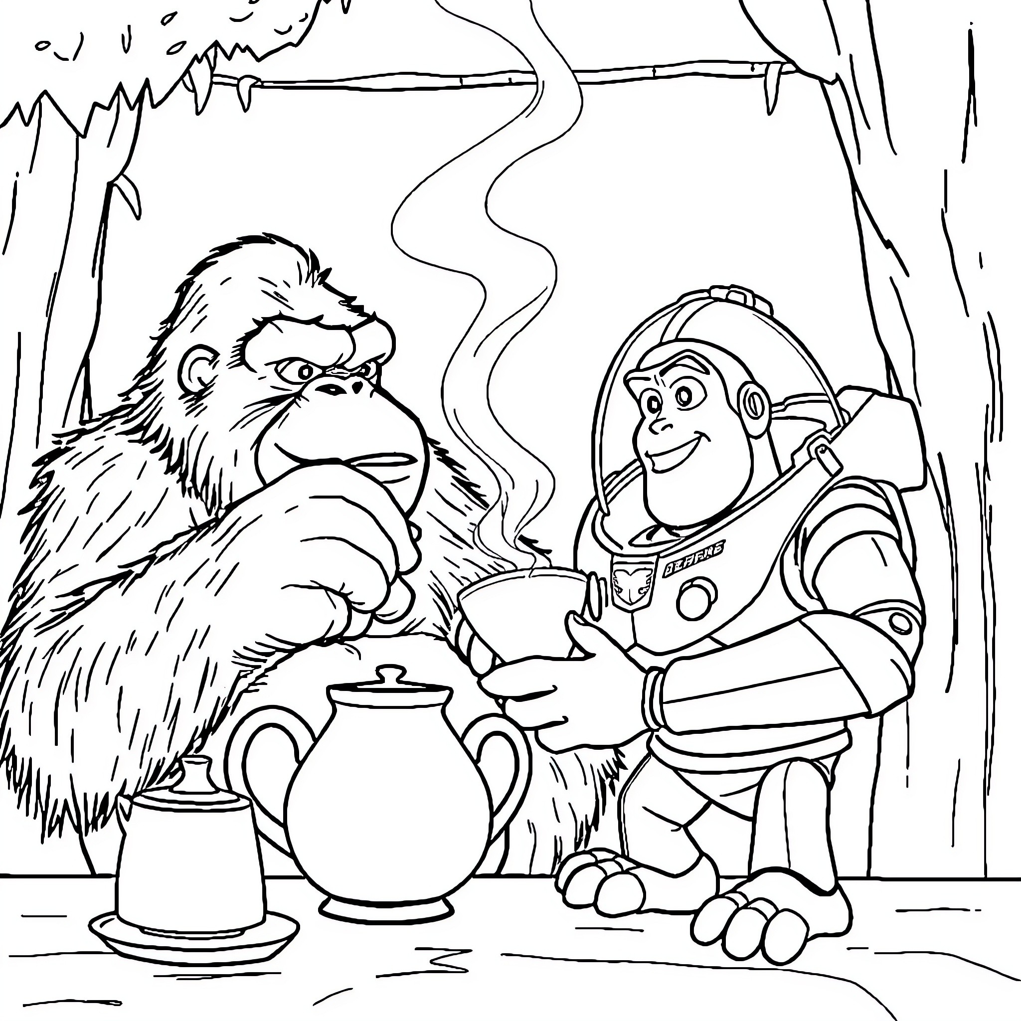 King Kong and Buzz Lightyear having tea in the jungle Coloring Page (free black-and-white line drawing printable PDF for all, from beginners to advanced learners, including children, teens, adults, and seniors)