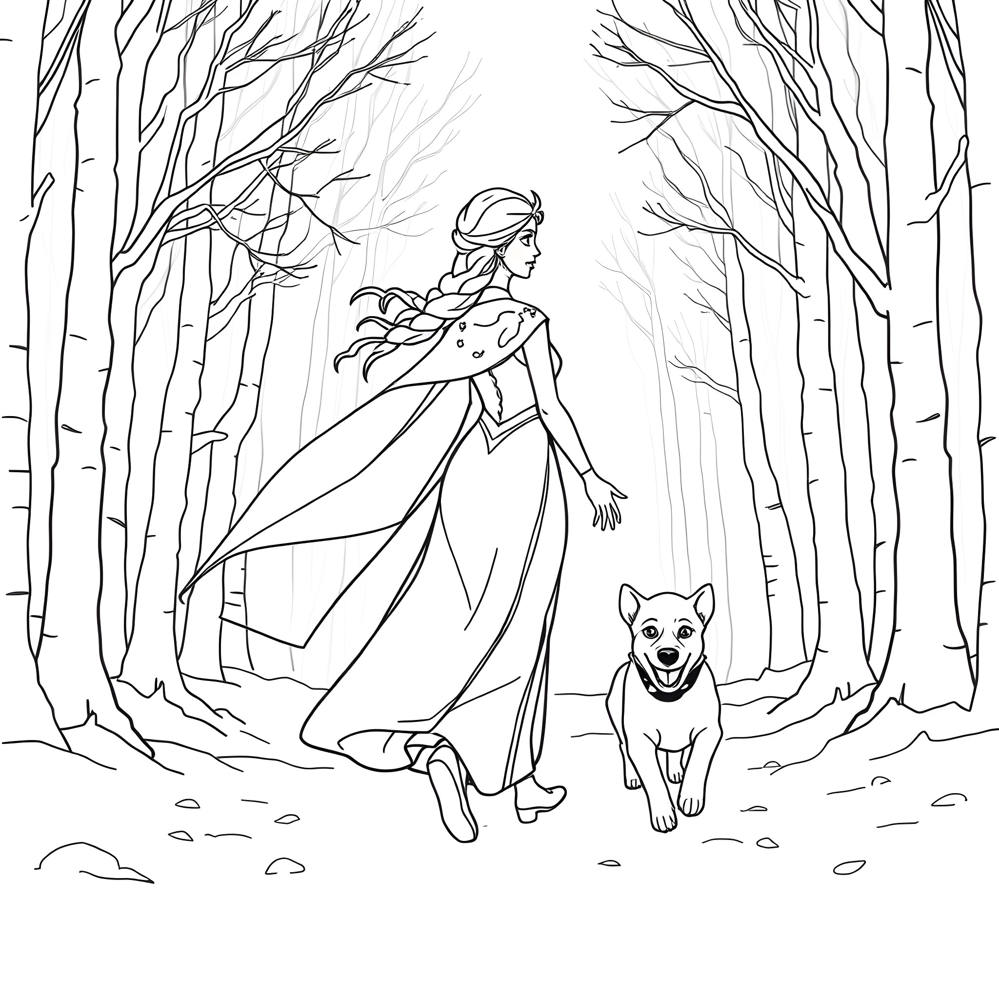 Elsa's Winter Wonderland Adventure Coloring Page (free black-and-white line drawing printable PDF for all, from beginners to advanced learners, including children, teens, adults, and seniors)