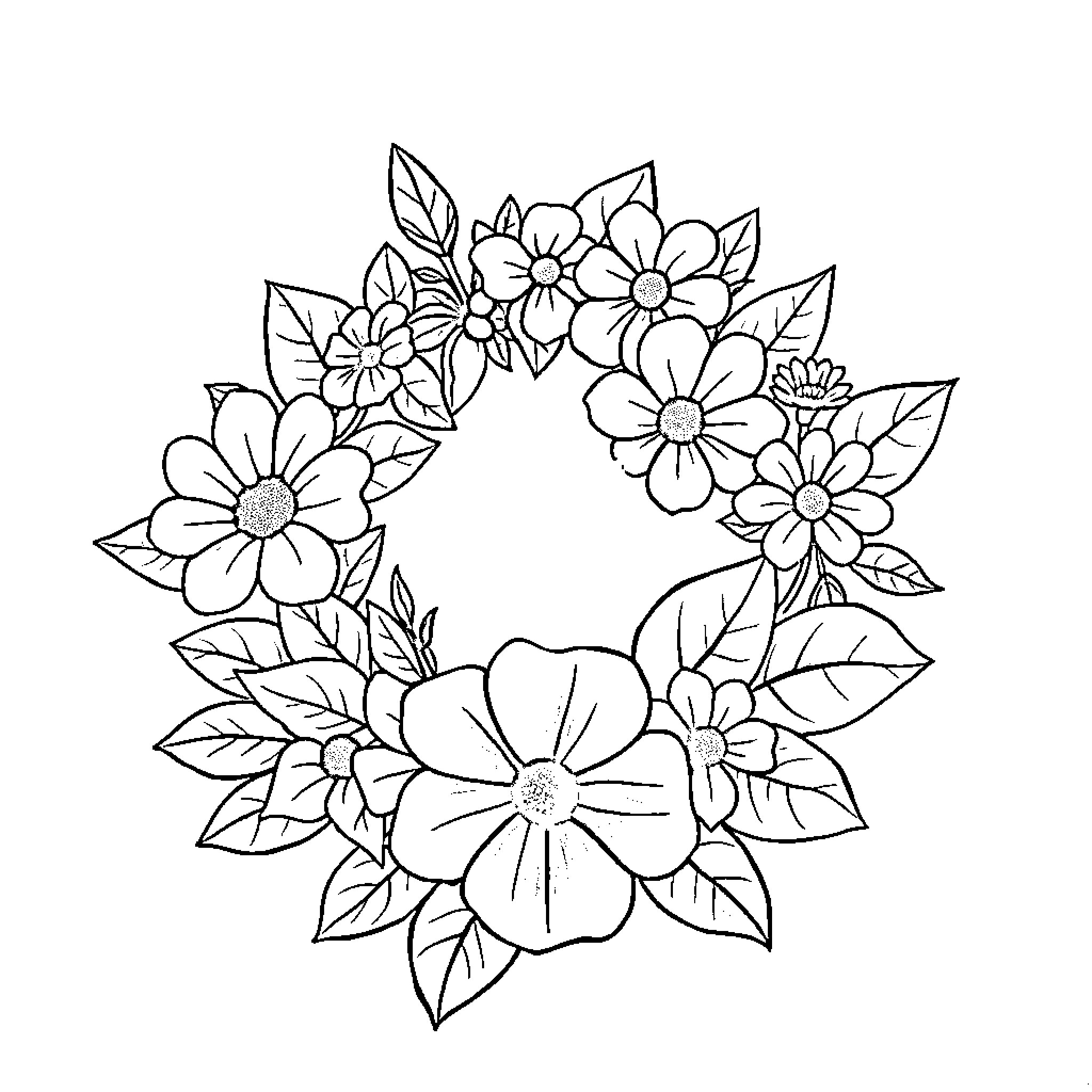 Flower wreath with delicate blooms Coloring Page (free black-and-white line drawing printable PDF for all, from beginners to advanced learners, including children, teens, adults, and seniors)