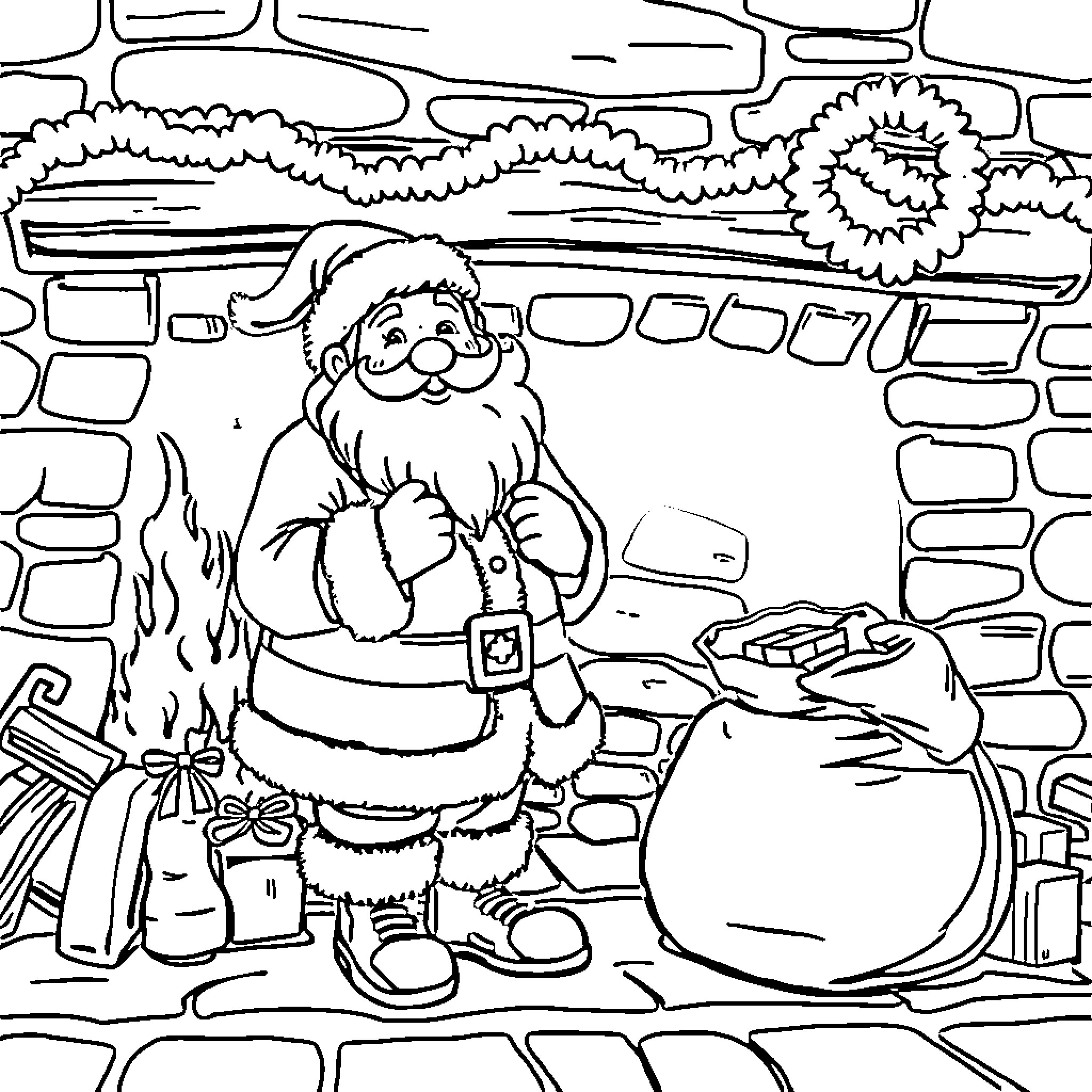 Santa Claus delivering Christmas gifts in the snow Coloring Page (free black-and-white line drawing printable PDF for all, from beginners to advanced learners, including children, teens, adults, and seniors)