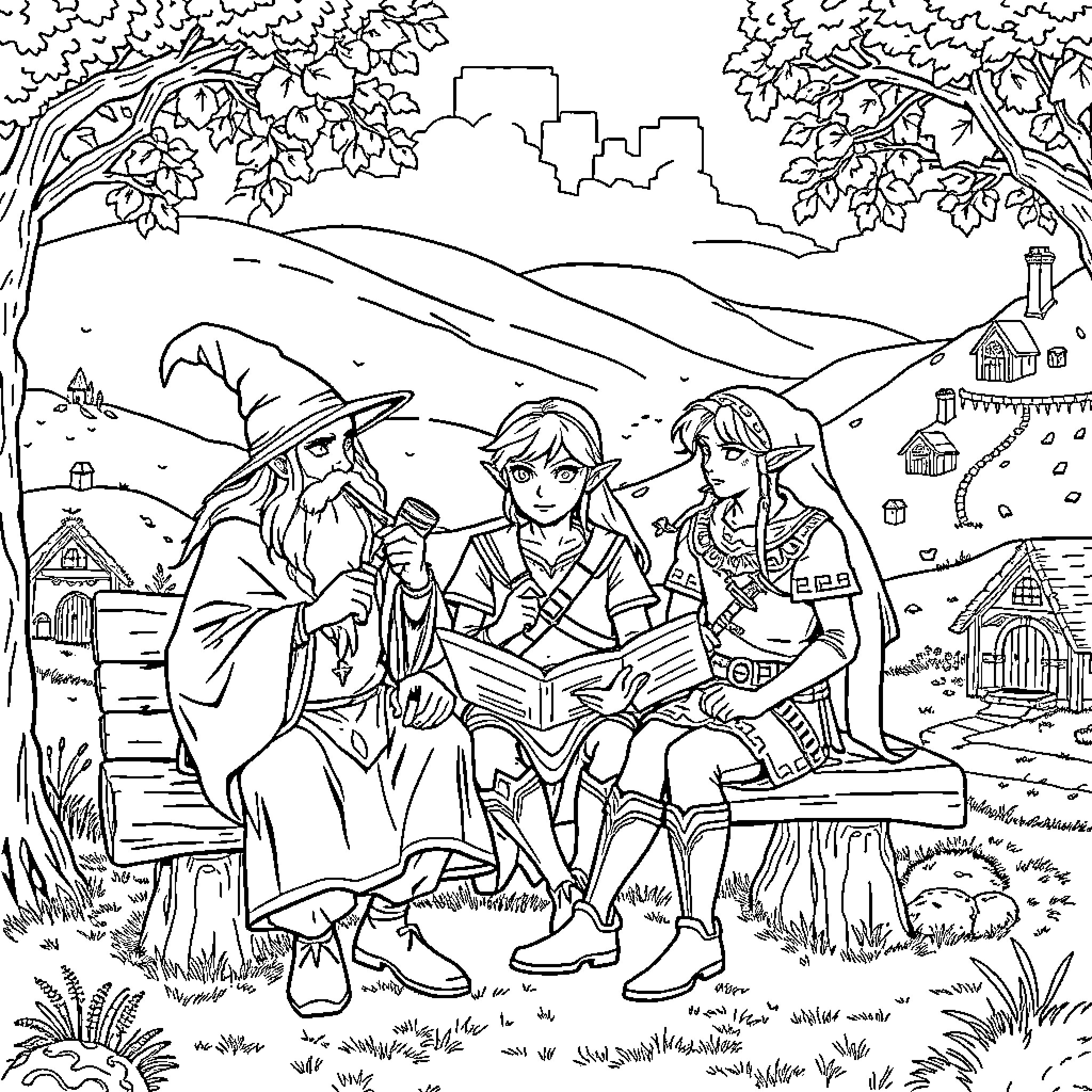 Gandalf Teaching the Fellowship in the Enchanted Forest Coloring Page (free black-and-white line drawing printable PDF for all, from beginners to advanced learners, including children, teens, adults, and seniors)