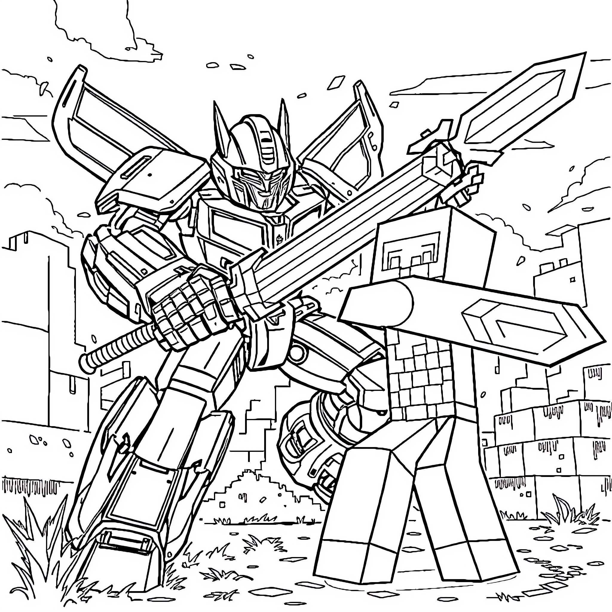 Bumblebee battling powerful foes in an epic showdown Coloring Page (free black-and-white line drawing printable PDF for all, from beginners to advanced learners, including children, teens, adults, and seniors)