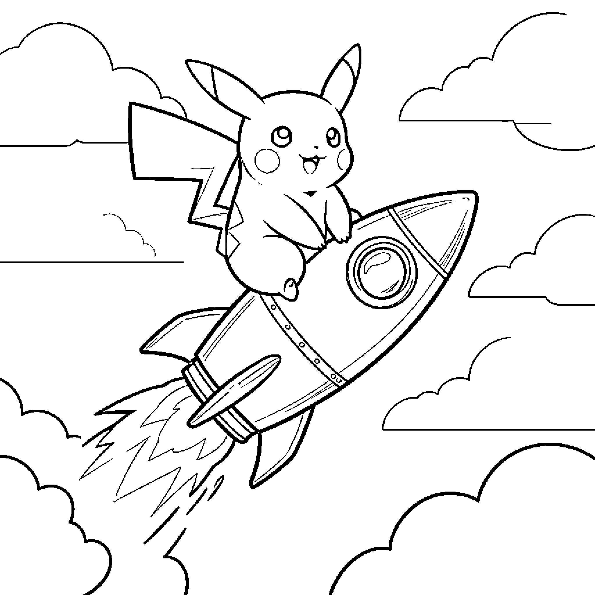 Pikachu riding a rocket in the sky Coloring Page (free black-and-white line drawing printable PDF for all, from beginners to advanced learners, including children, teens, adults, and seniors)