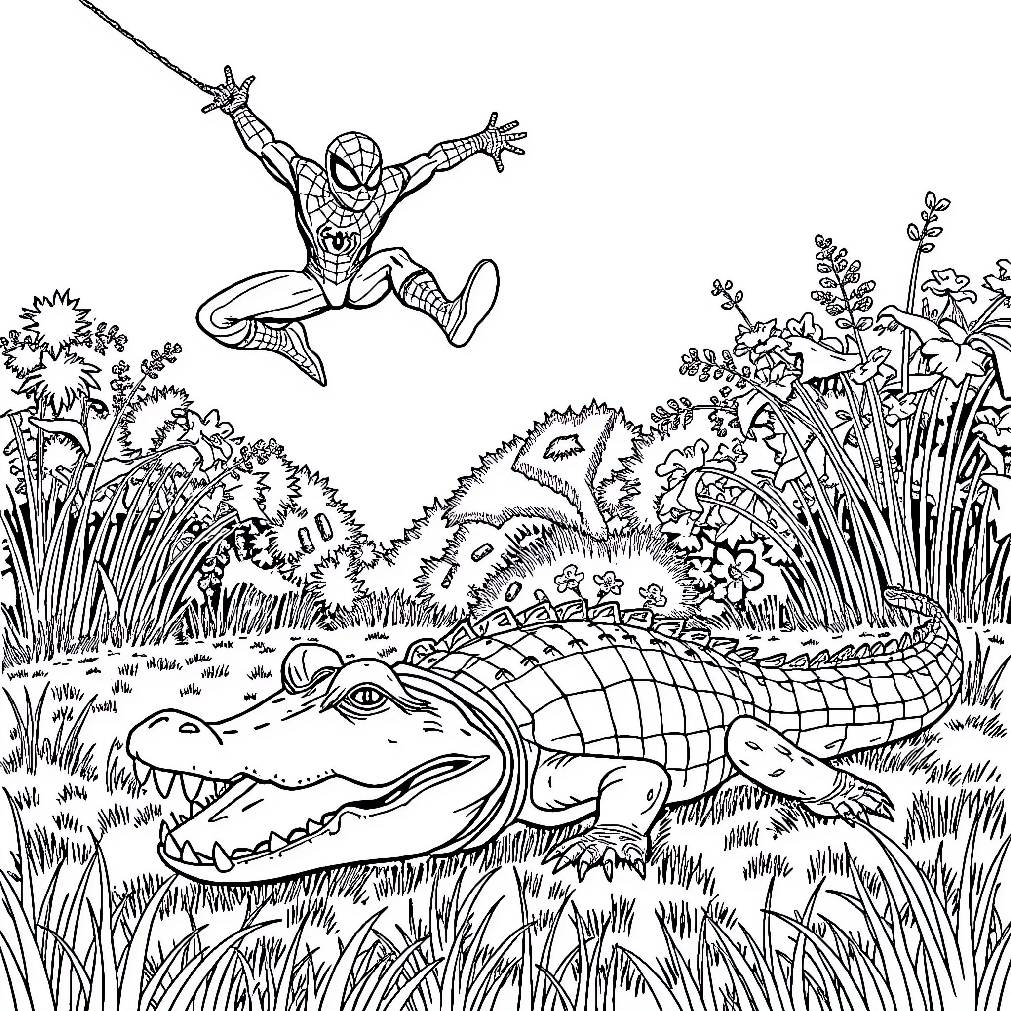 Spider-Man swinging through the jungle with an alligator Coloring Page (free black-and-white line drawing printable PDF for all, from beginners to advanced learners, including children, teens, adults, and seniors)