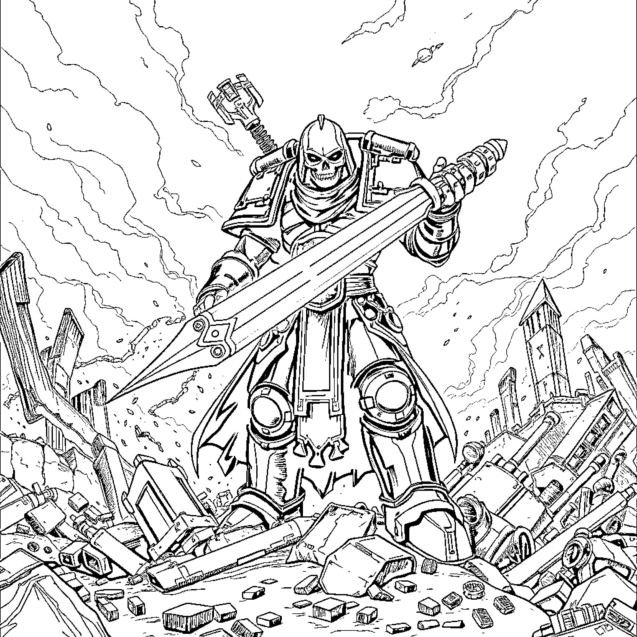 Psyker Battles Amid Futuristic Ruins Coloring Page (free black-and-white line drawing printable PDF for all, from beginners to advanced learners, including children, teens, adults, and seniors)