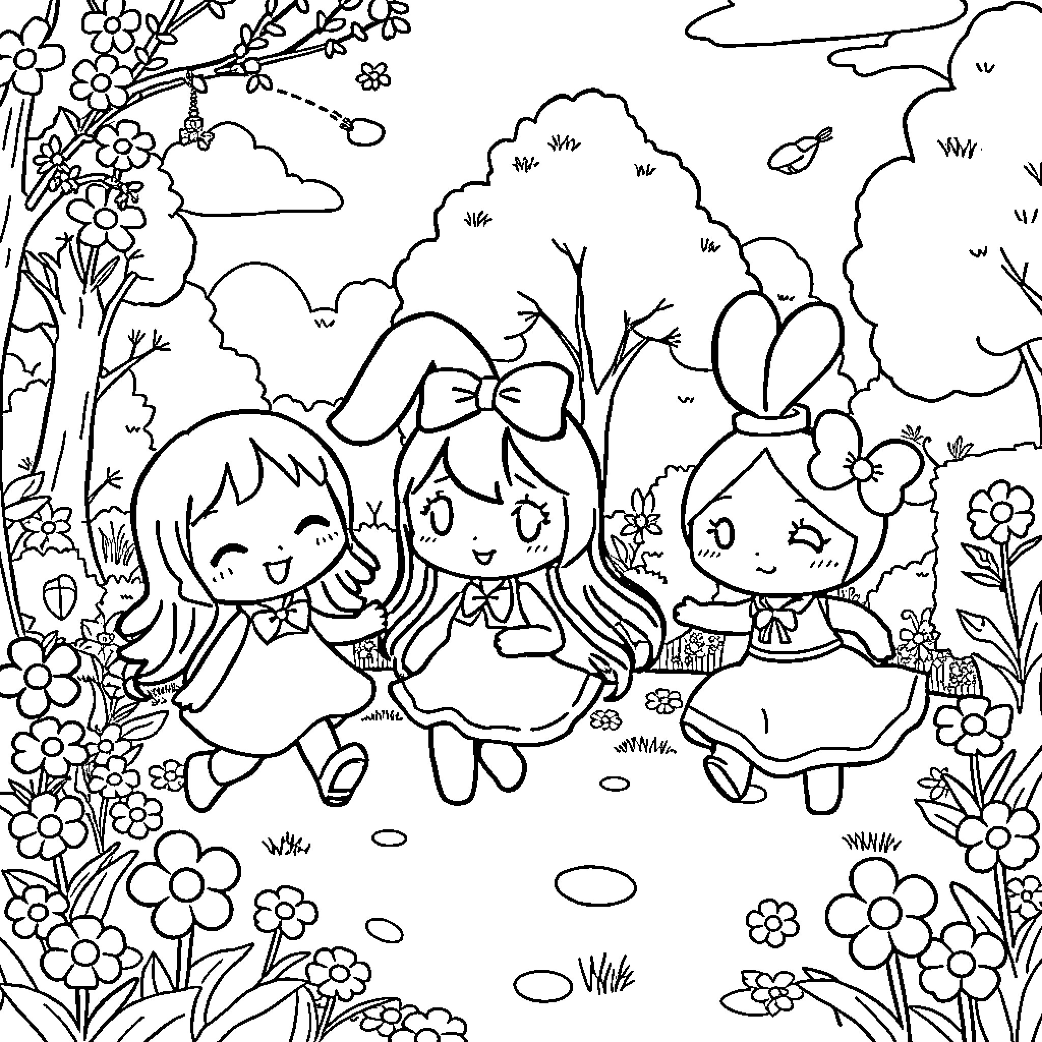 Kuromi and friends exploring the whimsical forest Coloring Page (free black-and-white line drawing printable PDF for all, from beginners to advanced learners, including children, teens, adults, and seniors)