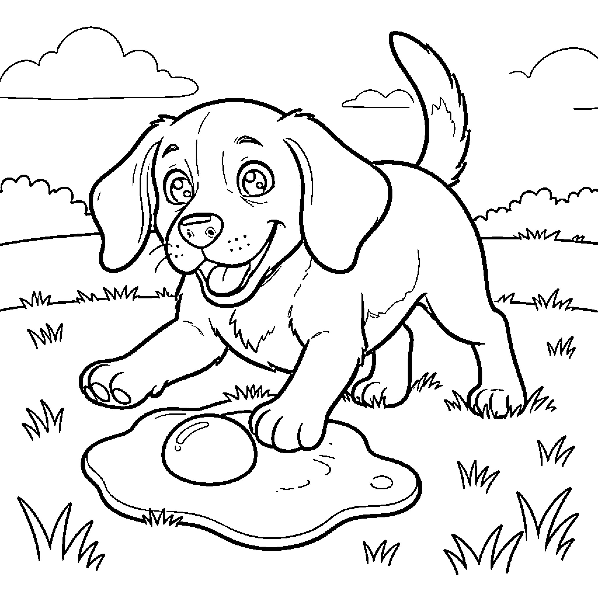 Beagle playing joyfully in the meadow Coloring Page (free black-and-white line drawing printable PDF for all, from beginners to advanced learners, including children, teens, adults, and seniors)