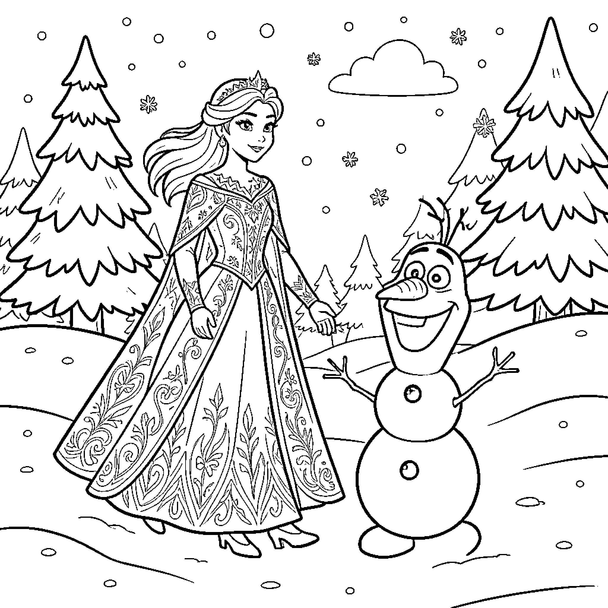 Snow Queen standing gracefully with a smiling snowman Coloring Page (free black-and-white line drawing printable PDF for all, from beginners to advanced learners, including children, teens, adults, and seniors)