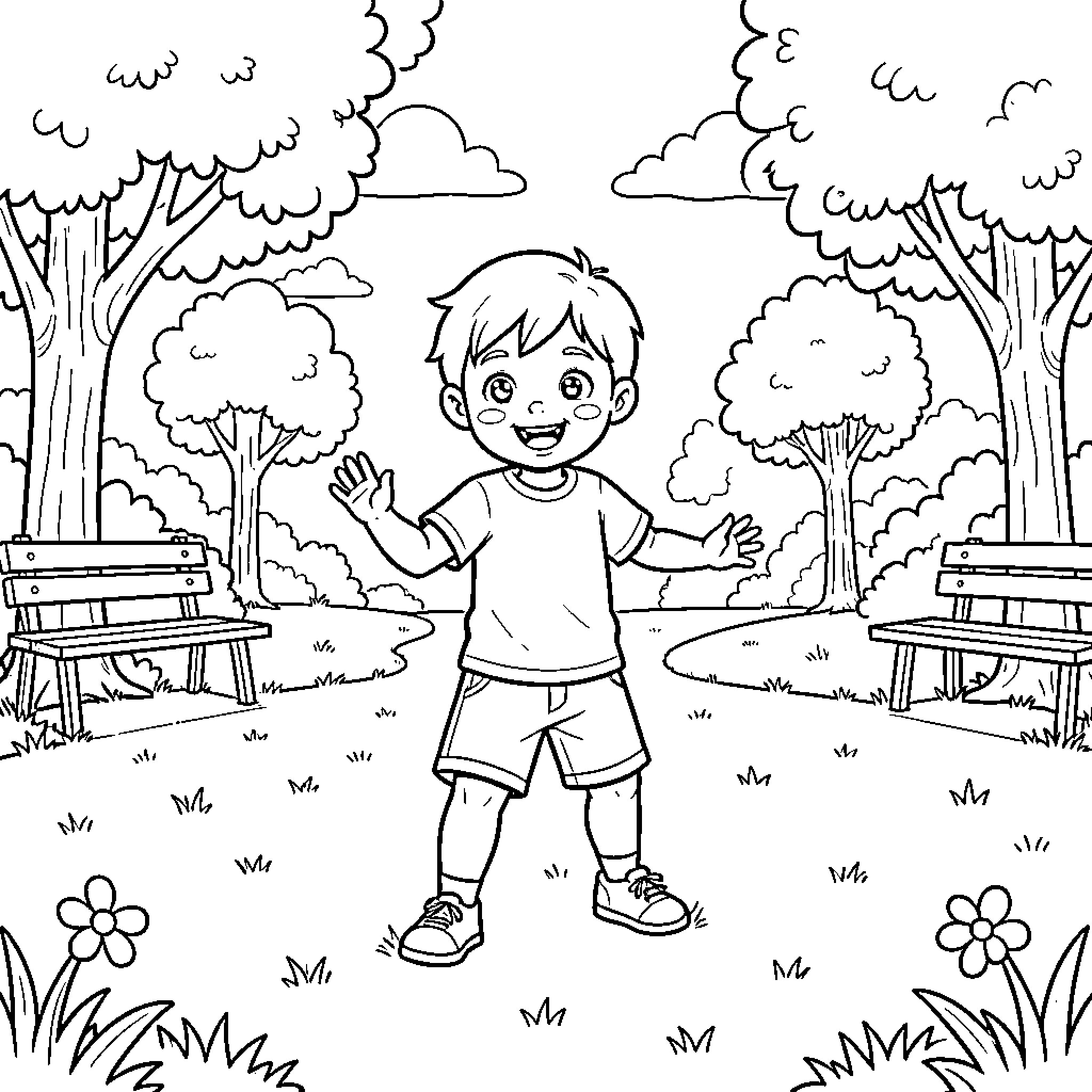 Kid waving hands happily in a park Coloring Page (free black-and-white line drawing printable PDF for all, from beginners to advanced learners, including children, teens, adults, and seniors)