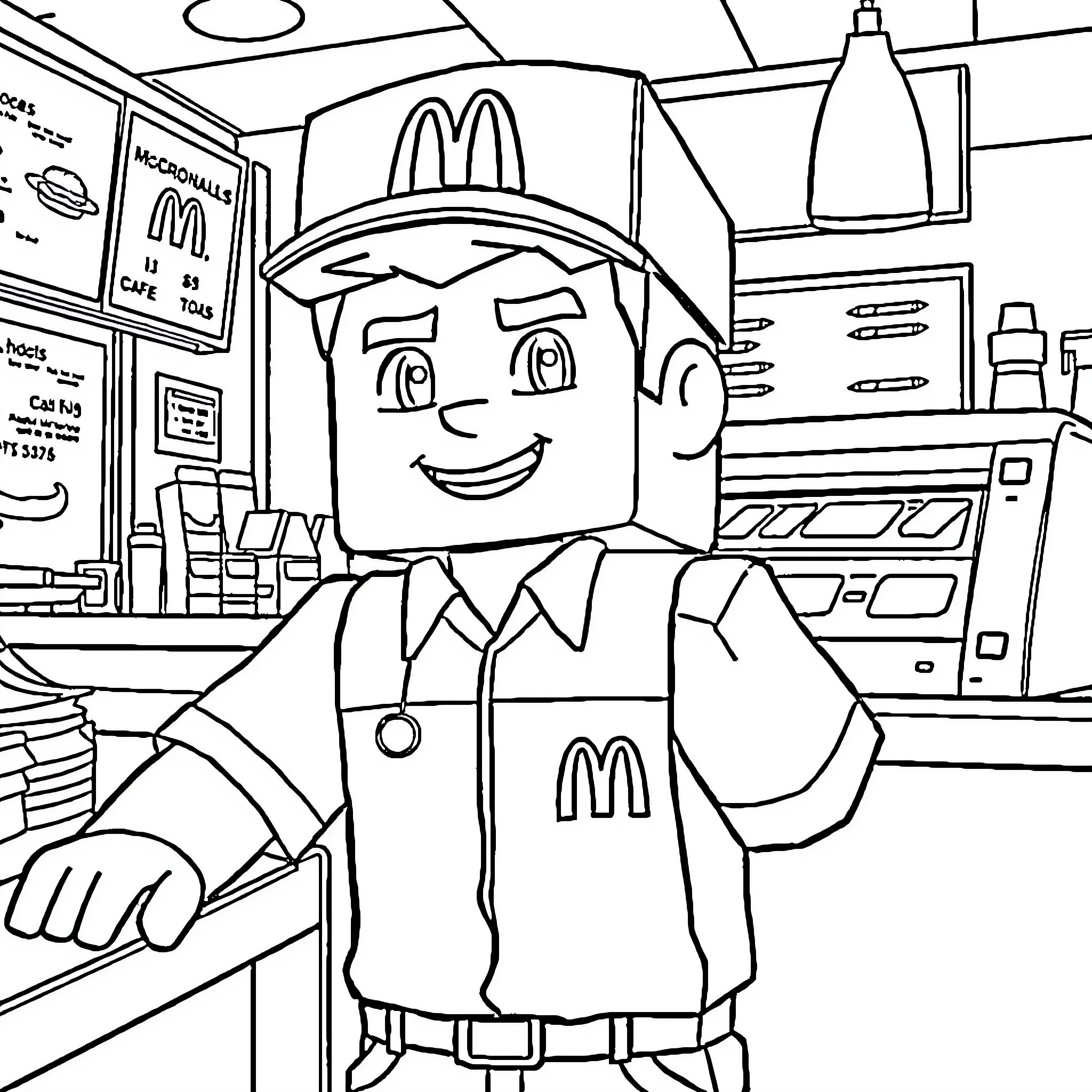 Steve working happily at the McDonald's restaurant Coloring Page (free black-and-white line drawing printable PDF for all, from beginners to advanced learners, including children, teens, adults, and seniors)