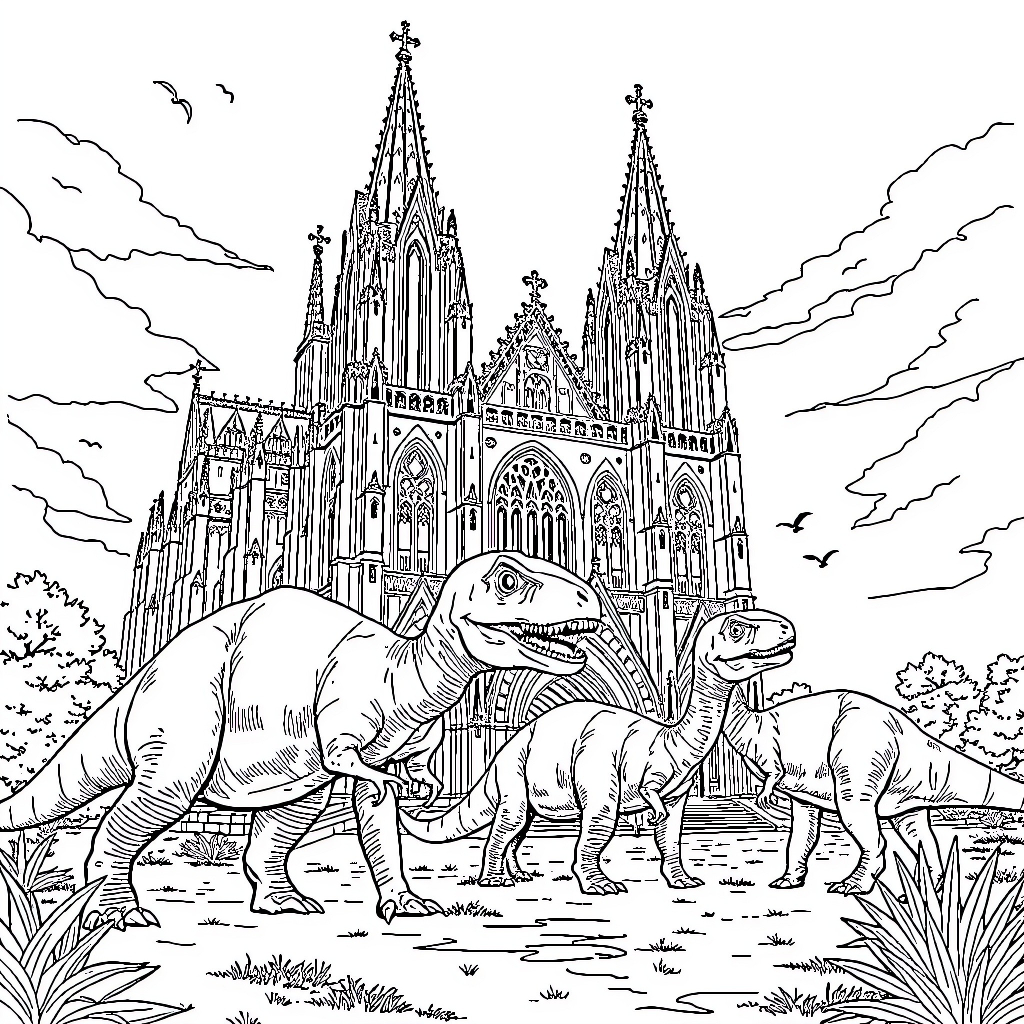 Cathedral with Dinosaurs in Scenic Landscape Coloring Page (free black-and-white line drawing printable PDF for all, from beginners to advanced learners, including children, teens, adults, and seniors)