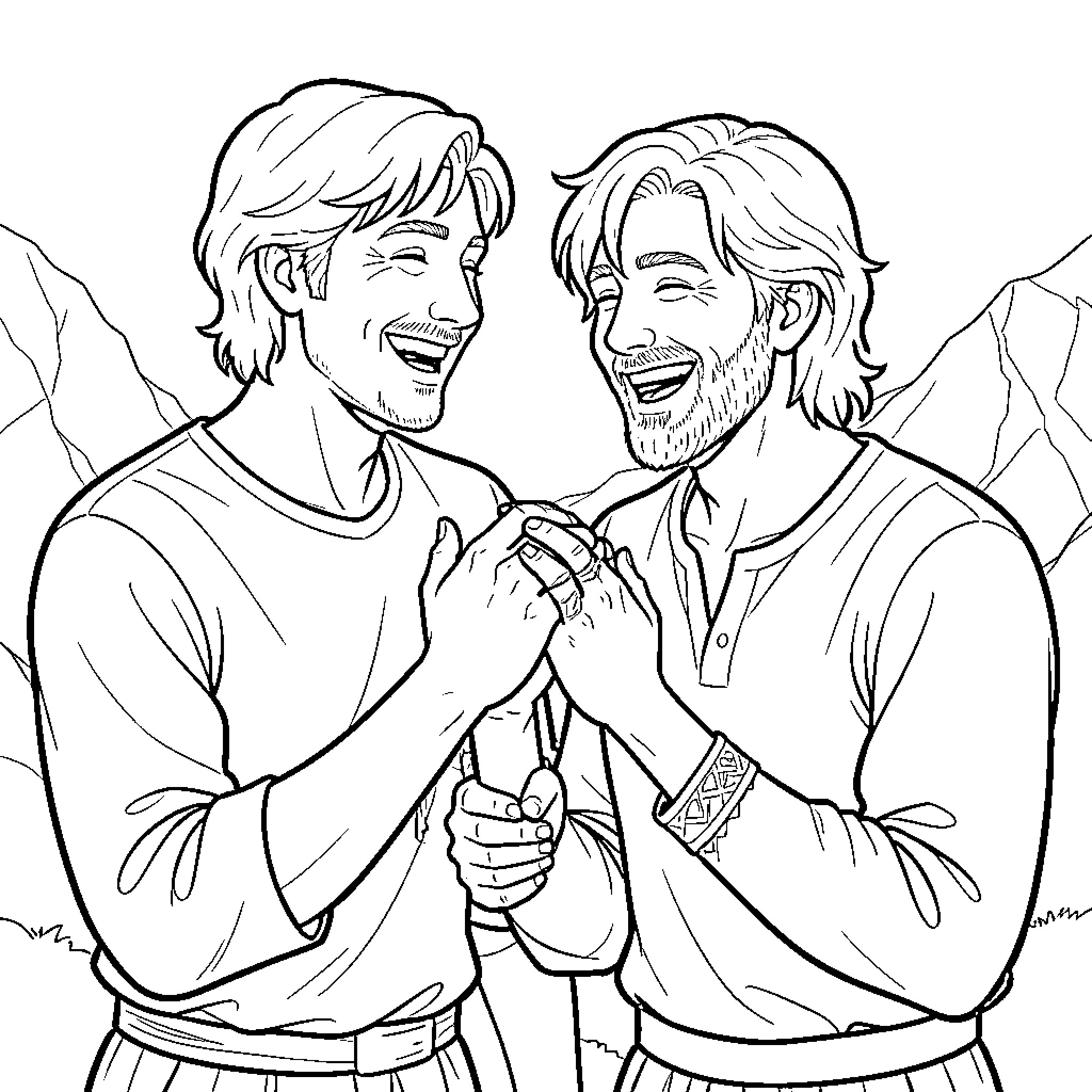David and Jonathan laughing while holding hands together Coloring Page (free black-and-white line drawing printable PDF for all, from beginners to advanced learners, including children, teens, adults, and seniors)