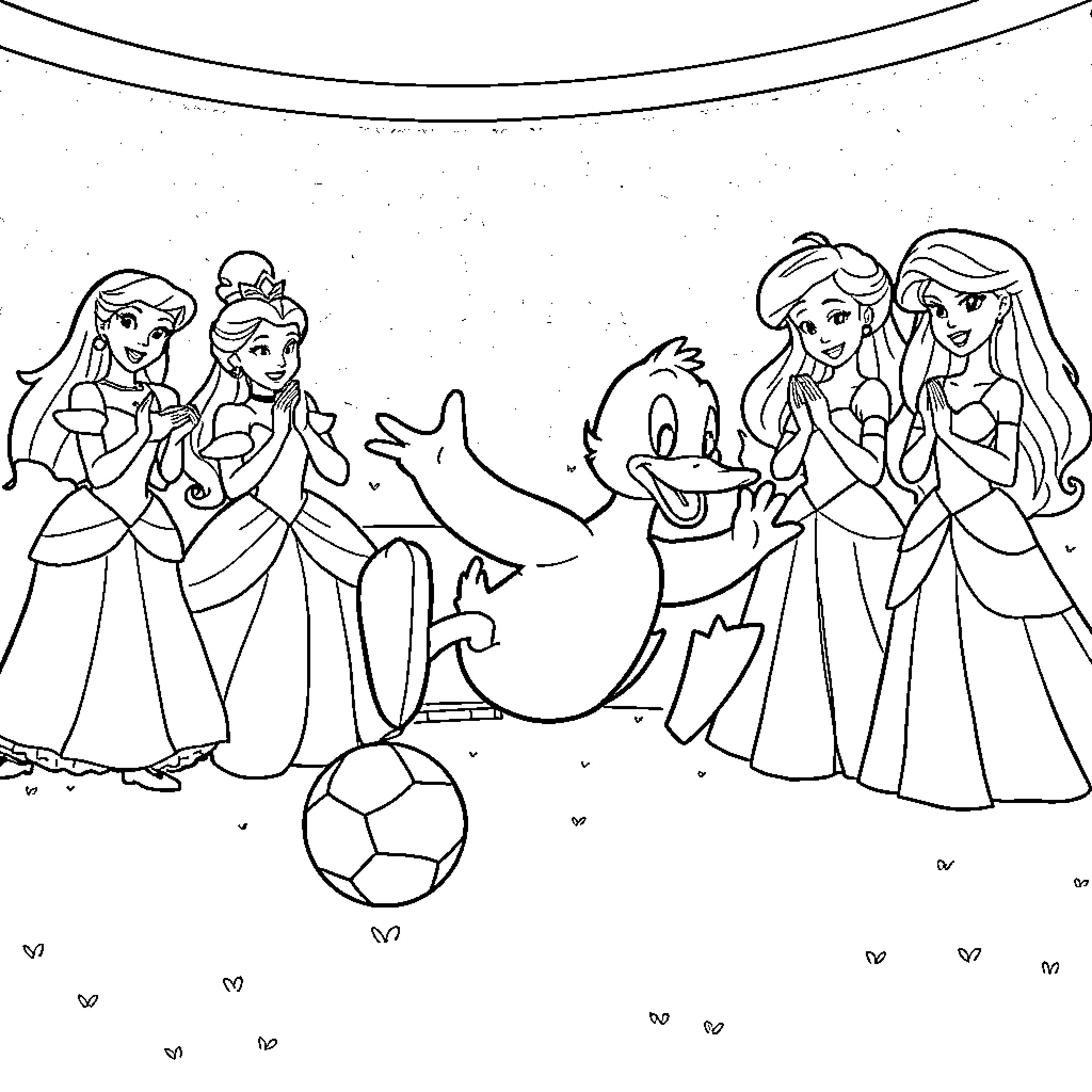 Duck enjoys playing soccer with princess friends Coloring Page (free black-and-white line drawing printable PDF for all, from beginners to advanced learners, including children, teens, adults, and seniors)
