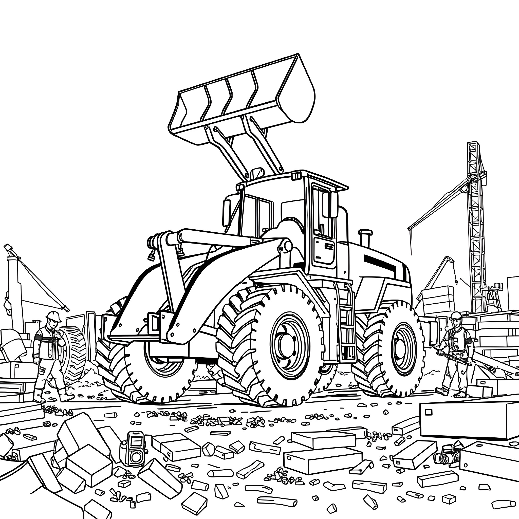 Front Loader Machinery Working on Construction Site Coloring Page (free black-and-white line drawing printable PDF for all, from beginners to advanced learners, including children, teens, adults, and seniors)