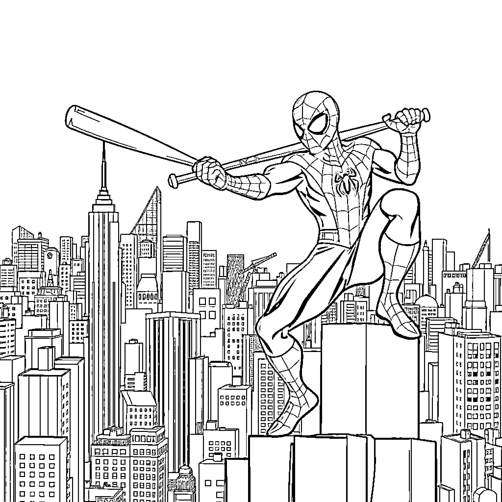 Spider-Man swinging through the city skyline Coloring Page (free black-and-white line drawing printable PDF for all, from beginners to advanced learners, including children, teens, adults, and seniors)