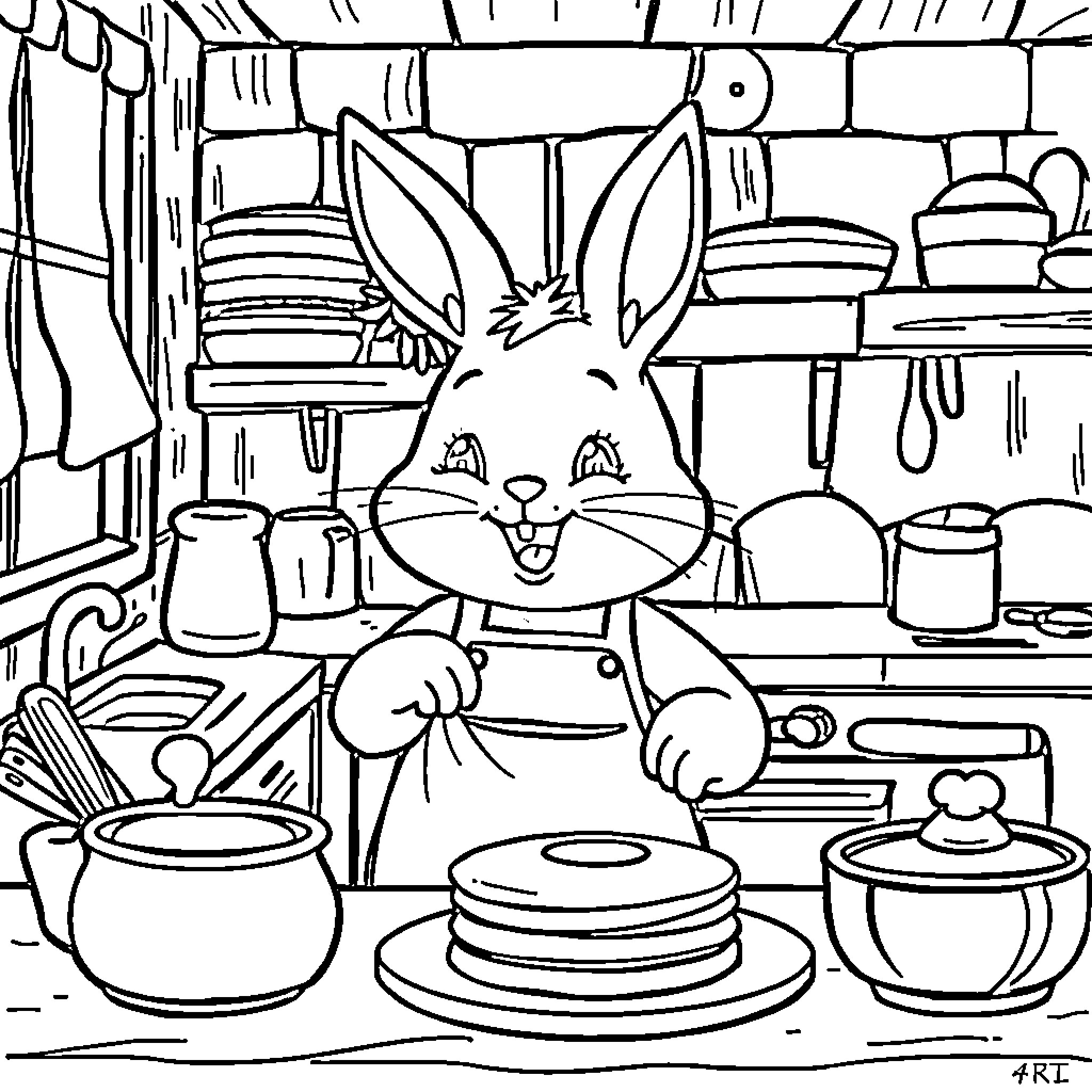 Bunny chef happily cooking in the kitchen Coloring Page (free black-and-white line drawing printable PDF for all, from beginners to advanced learners, including children, teens, adults, and seniors)