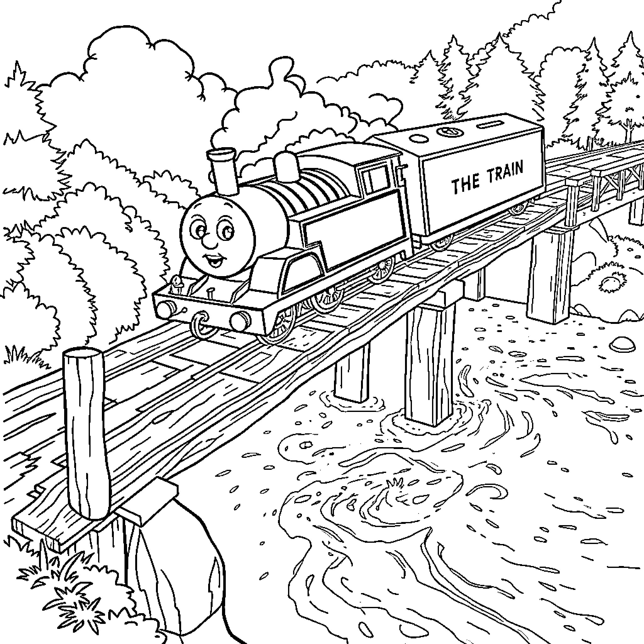 Train happily chugging through the scenic forest Coloring Page (free black-and-white line drawing printable PDF for all, from beginners to advanced learners, including children, teens, adults, and seniors)