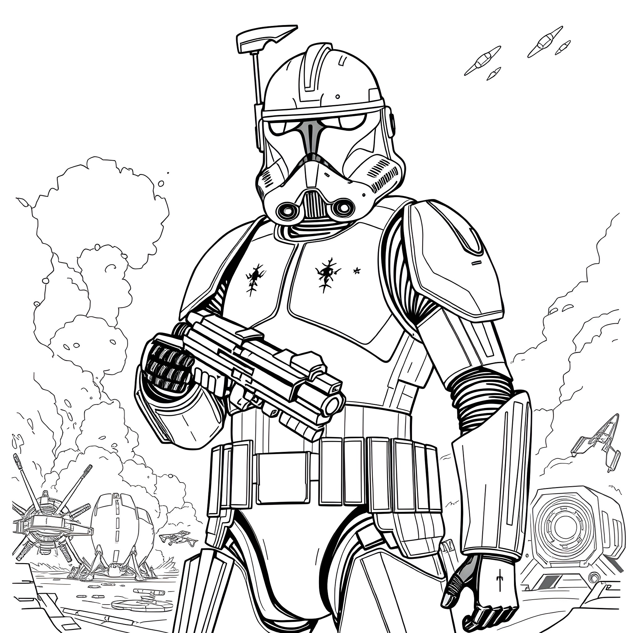Clone Trooper in combat gear holding blaster rifle Coloring Page (free black-and-white line drawing printable PDF for all, from beginners to advanced learners, including children, teens, adults, and seniors)